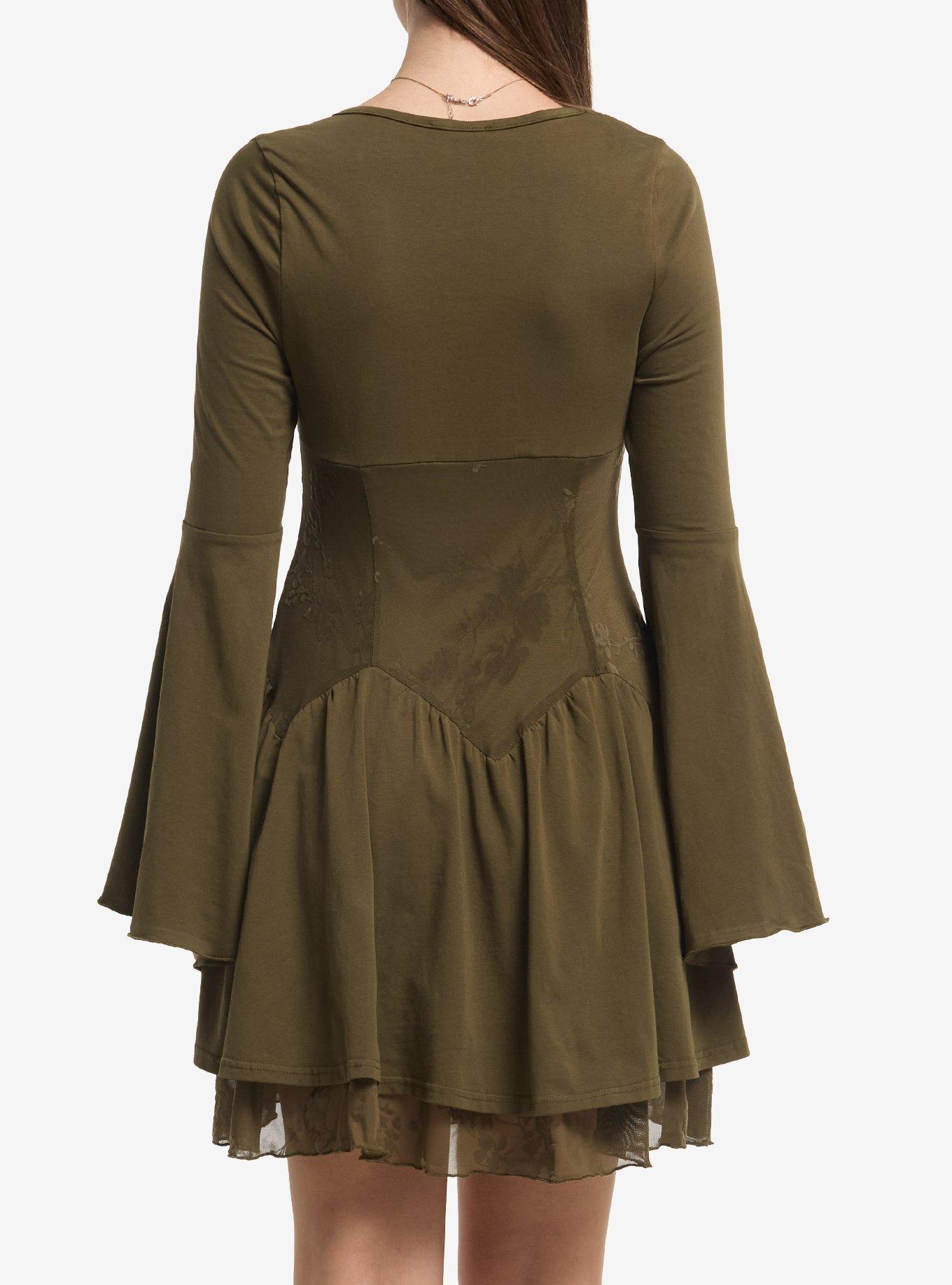 Thorn & Fable Olive Mesh Panel Bell Sleeve Dress, MULTI, alternate - view 3