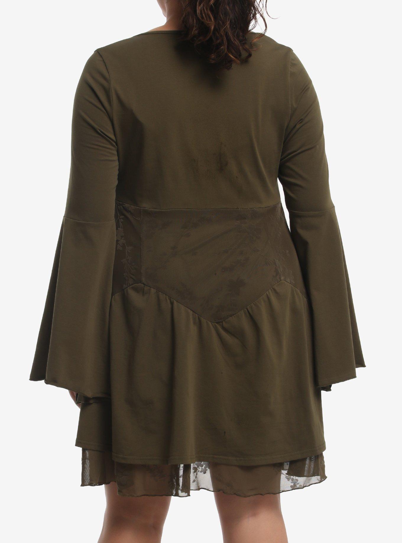 Thorn & Fable Olive Mesh Panel Bell Sleeve Dress Plus Size, MULTI, alternate - view 3