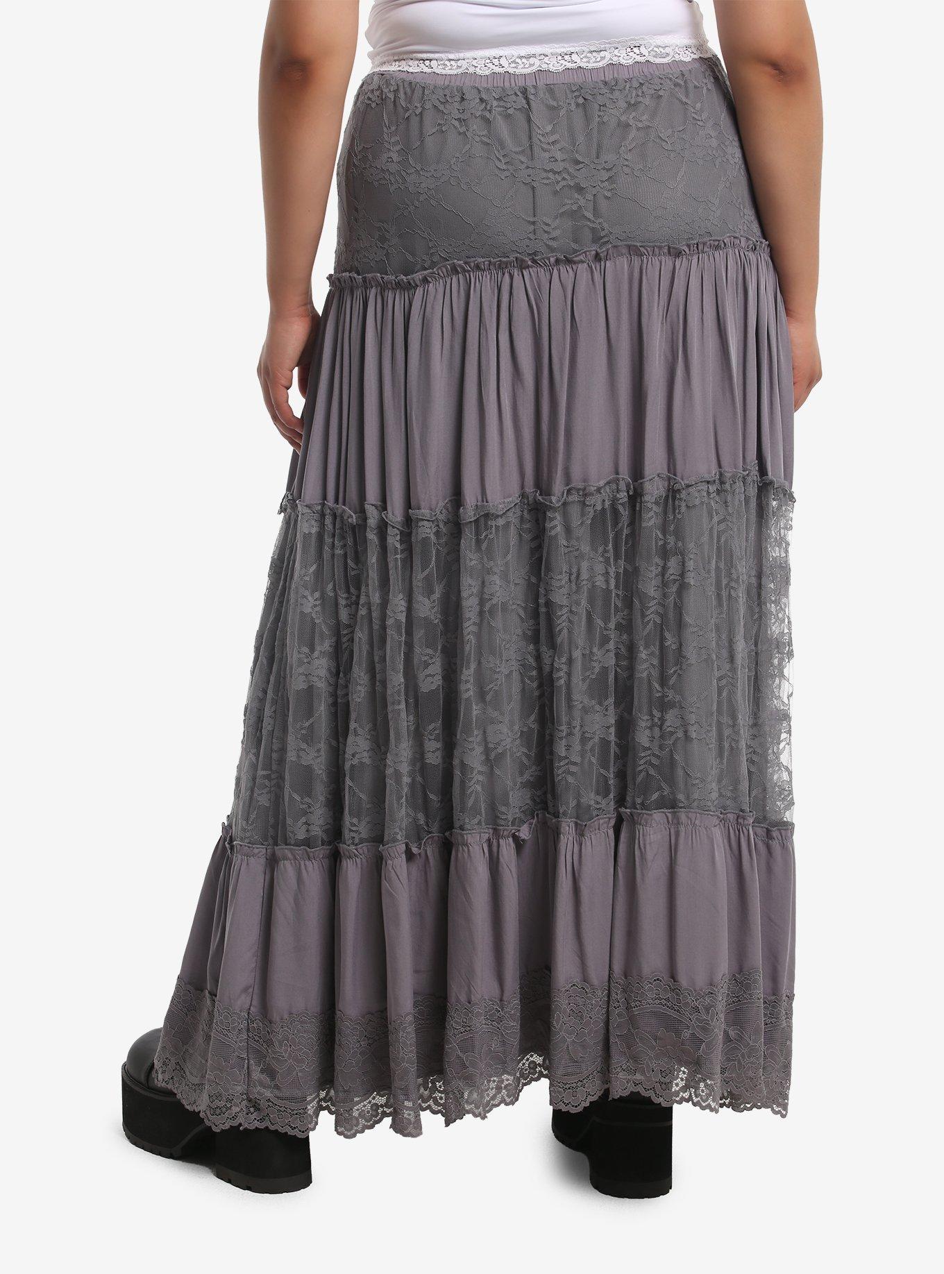 Grey Lace Ruffle Tiered Maxi Skirt Plus Size, MULTI, alternate - view 2