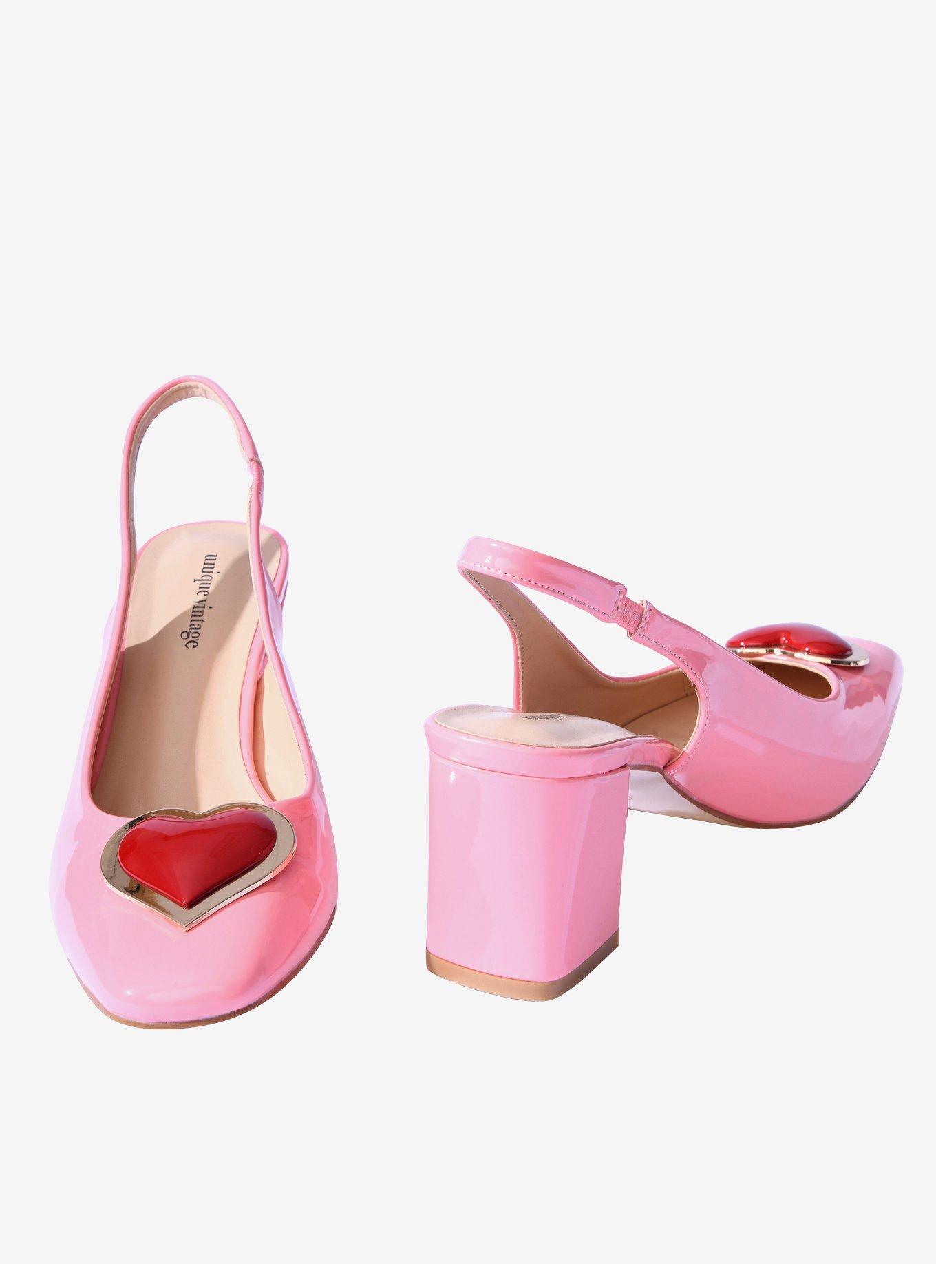 Unique Vintage Pink Heart Leatherette Slingback Heels, , hi-res