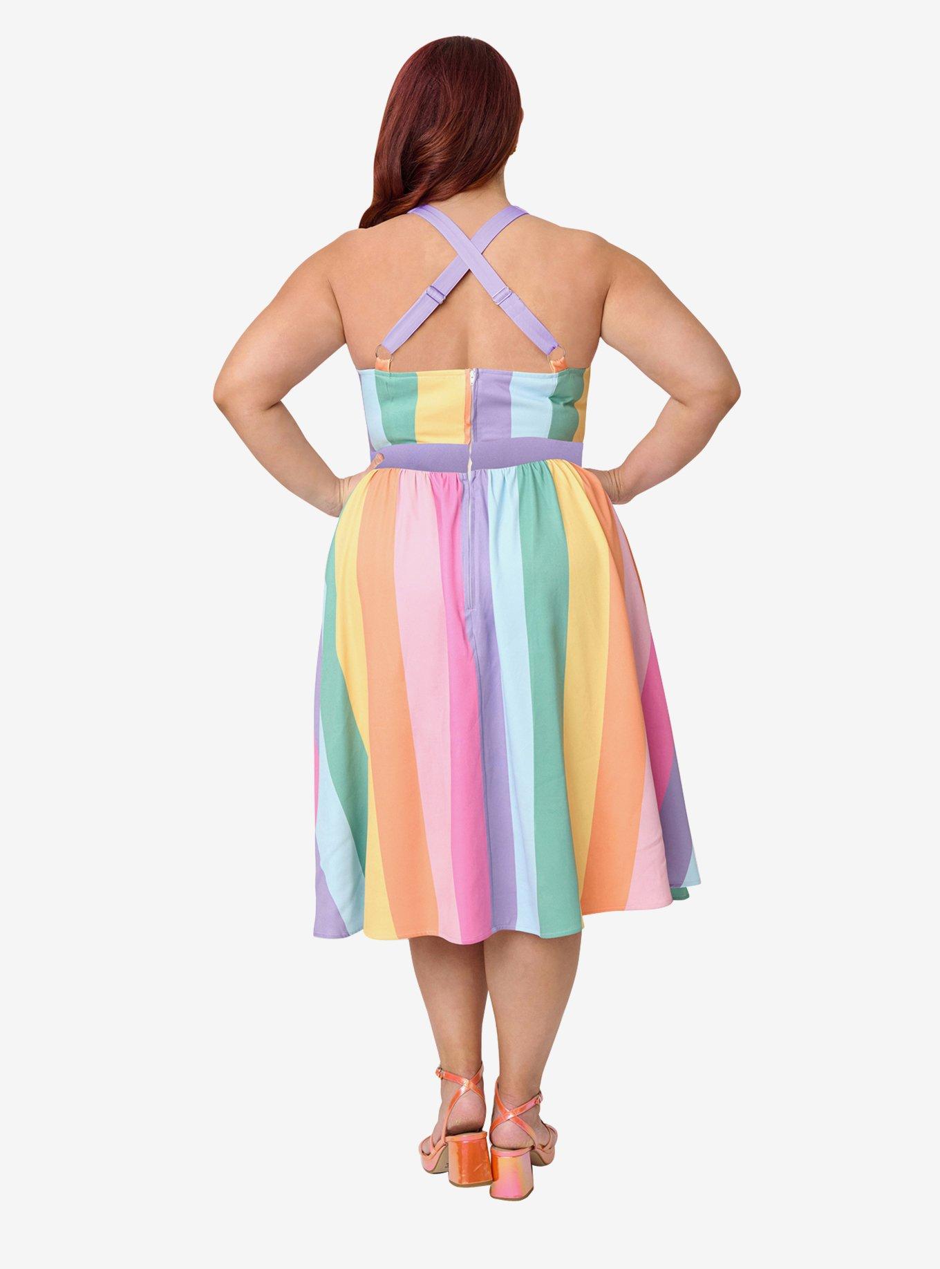 Unique Vintage Plus Size Pastel Rainbow Stripe Lombard Swing Dress, , hi-res