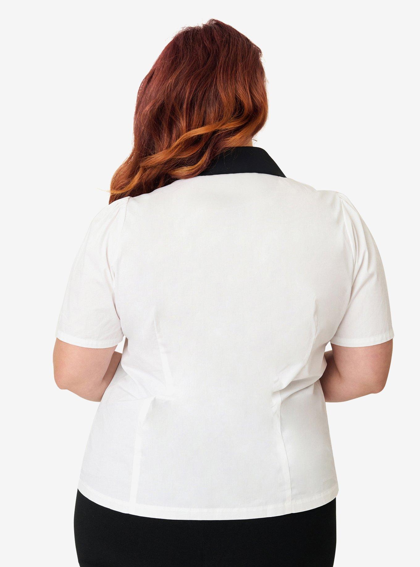 Unique Vintage Plus Size White Planet Embroidered Collared Blouse, , hi-res