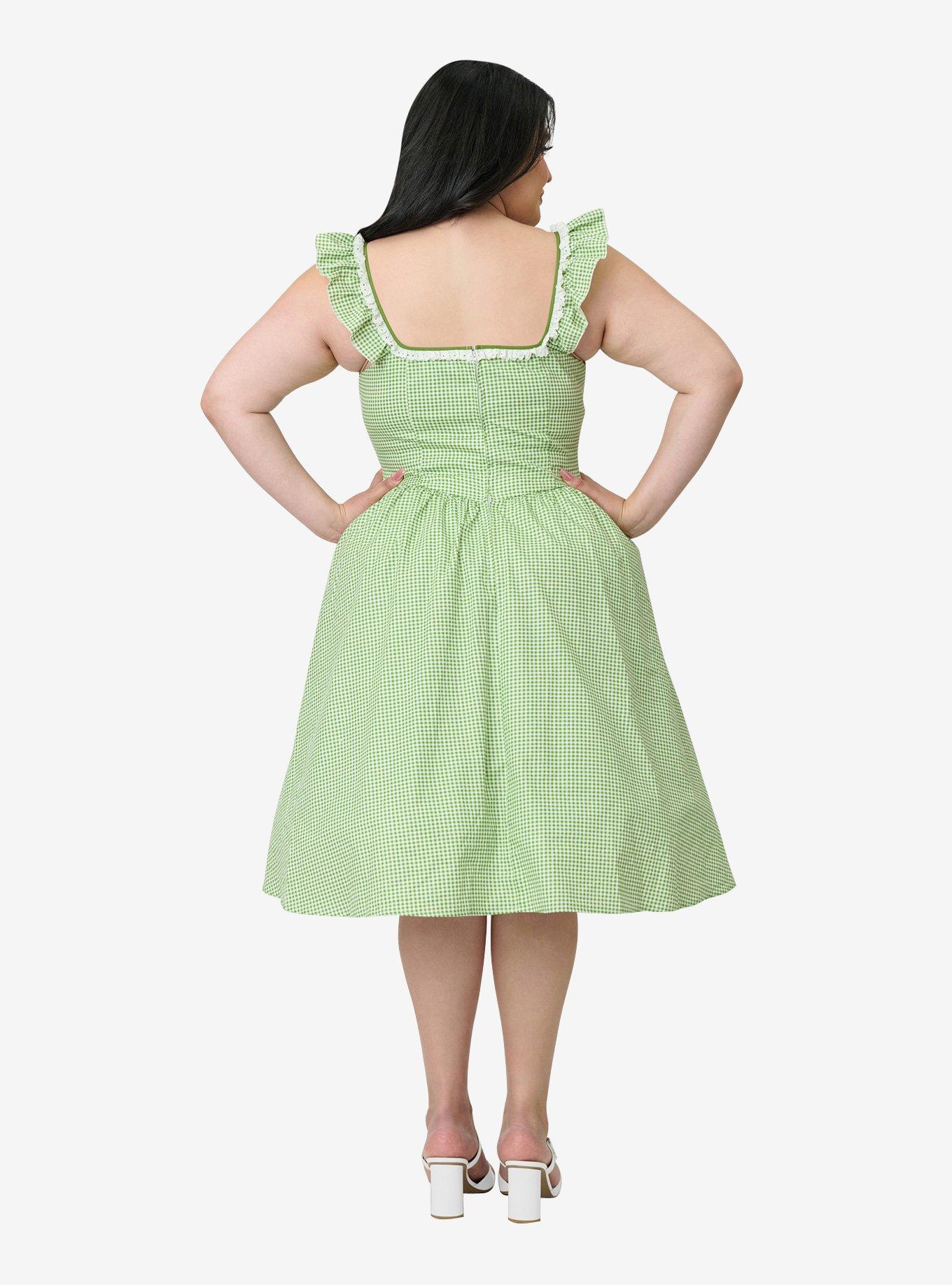 Unique Vintage Plus Size Green Gingham Sweetheart Flutter Sleeve Swing Dress, , hi-res