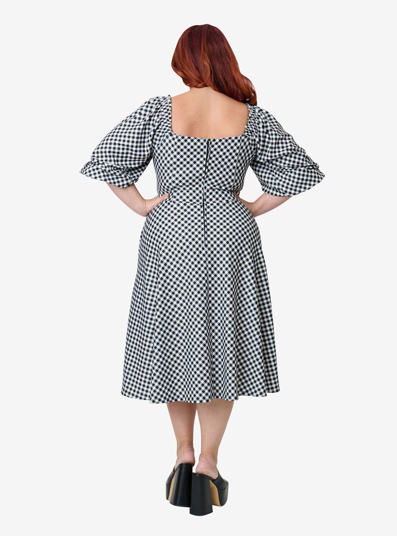 Unique Vintage Plus Size Black & White Gingham Peasant Sleeve Swing Dress, , hi-res