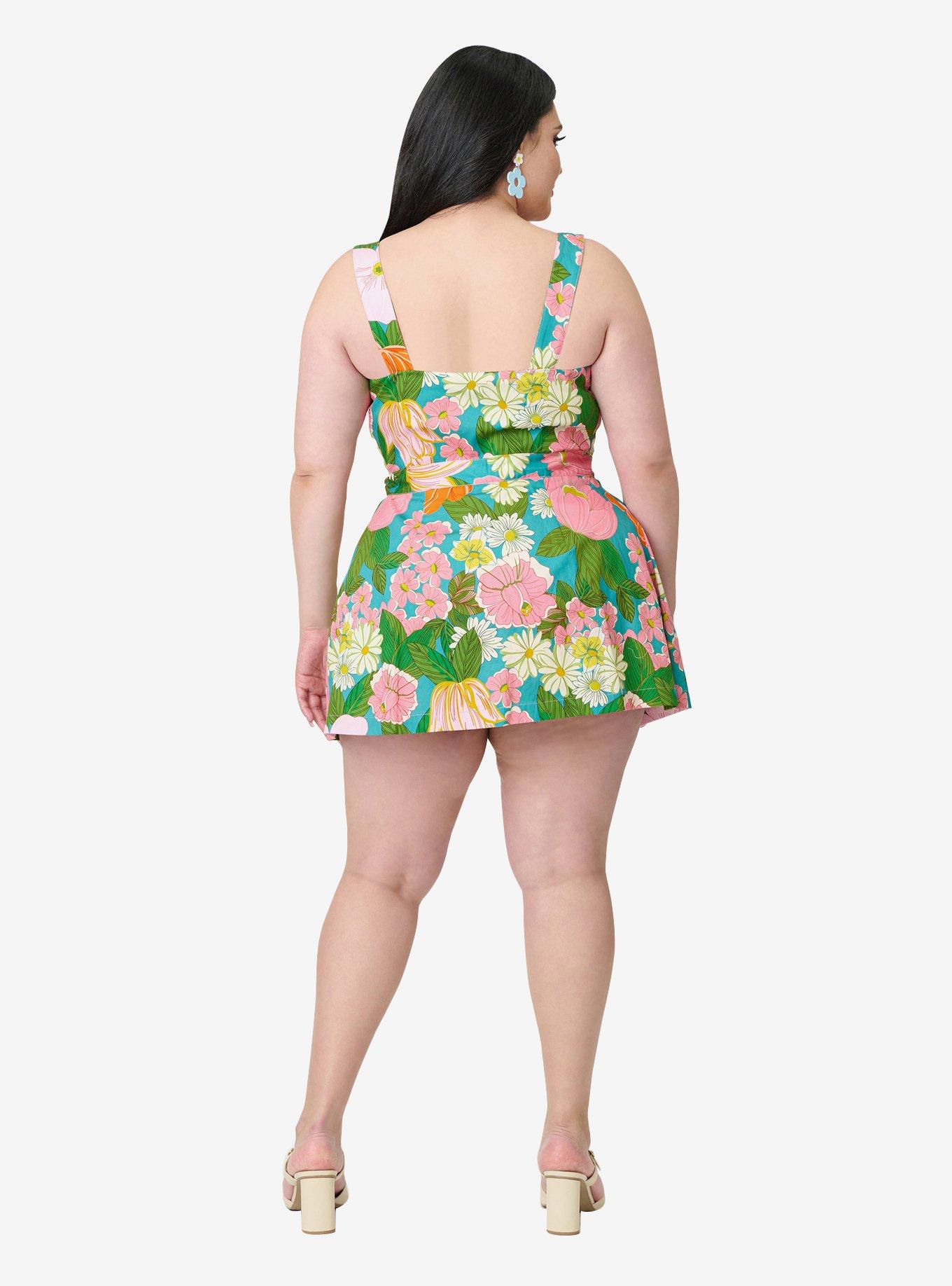 Smak Parlour Plus Size Teal Floral Sweet & Sassy Skirted Cotton Romper, , hi-res