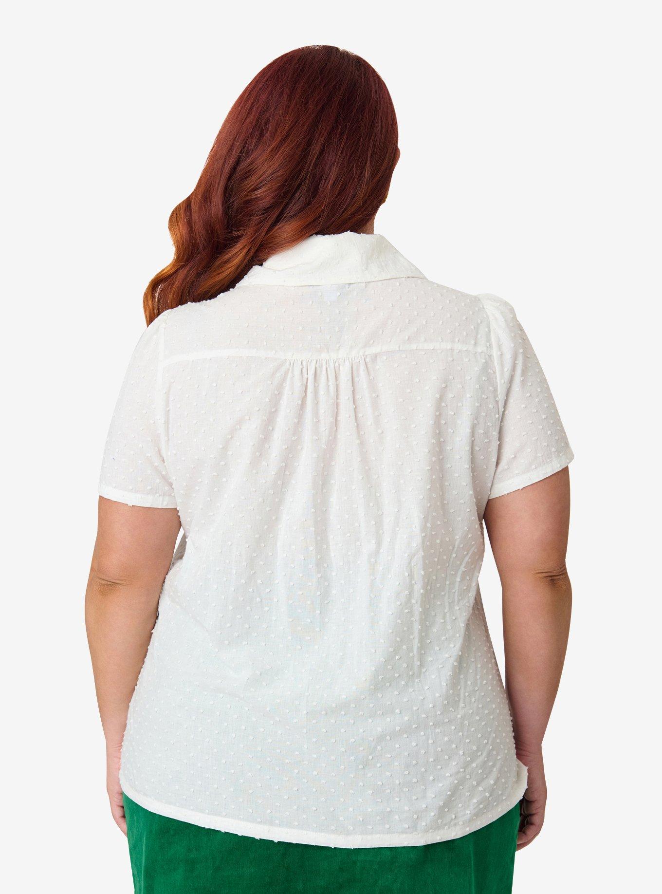 Unique Vintage Plus Size White Swiss Dot & Tulip Notched Collar Blouse, , hi-res