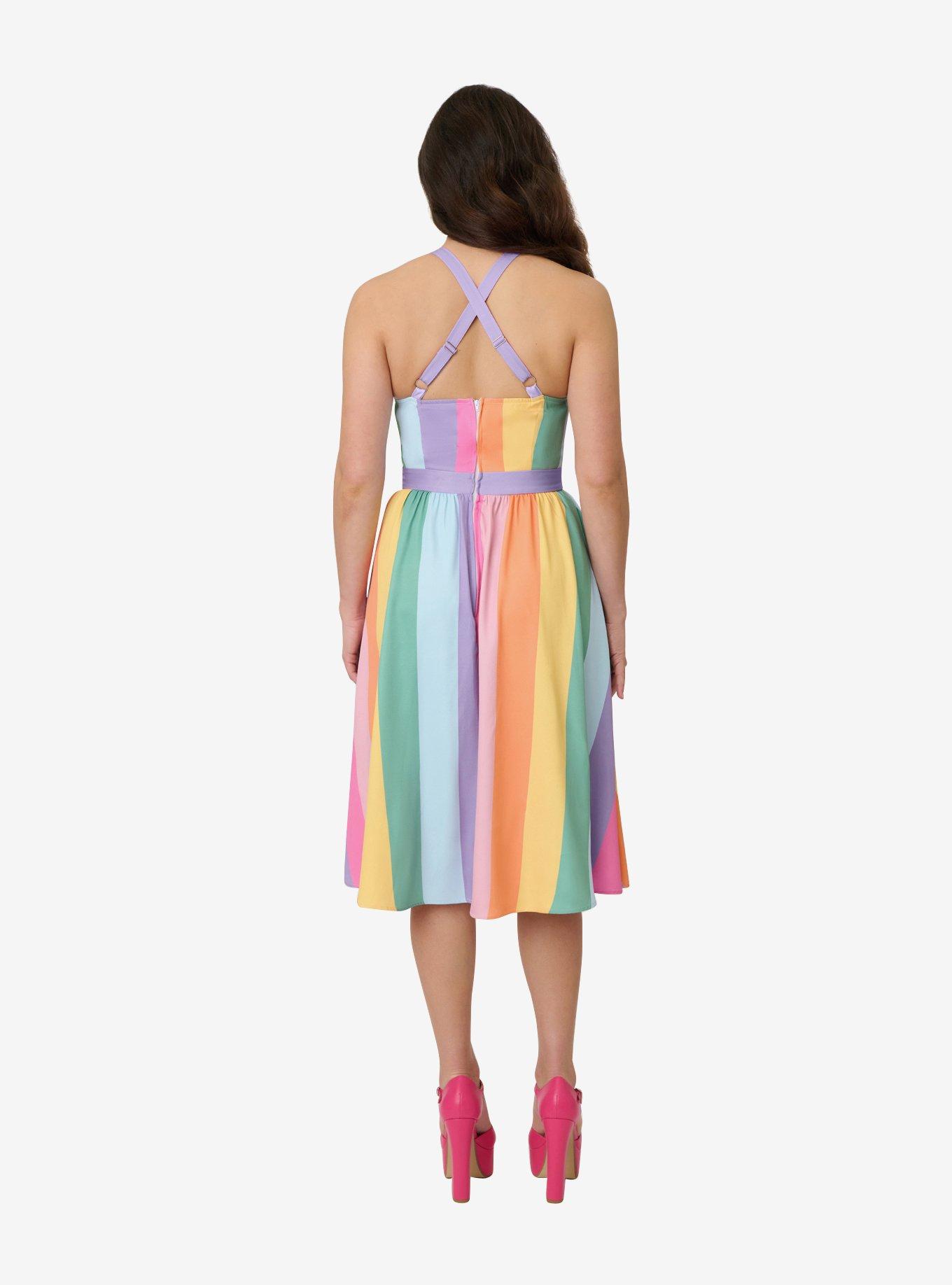 Unique Vintage Pastel Rainbow Stripe Lombard Swing Dress, , hi-res