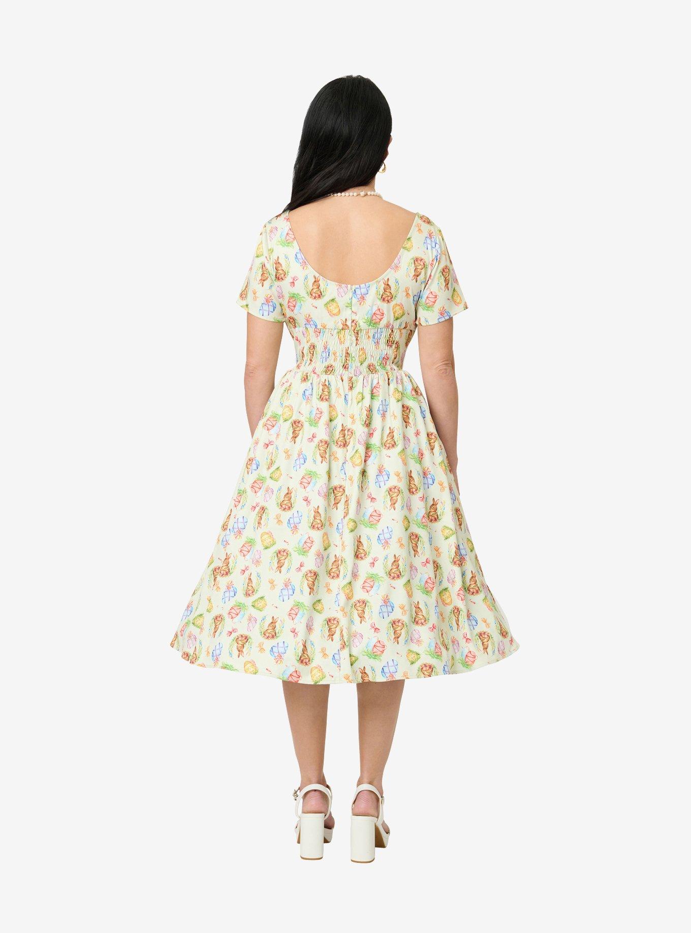 Unique Vintage Green Easter Bunny Print Swing Dress, , hi-res