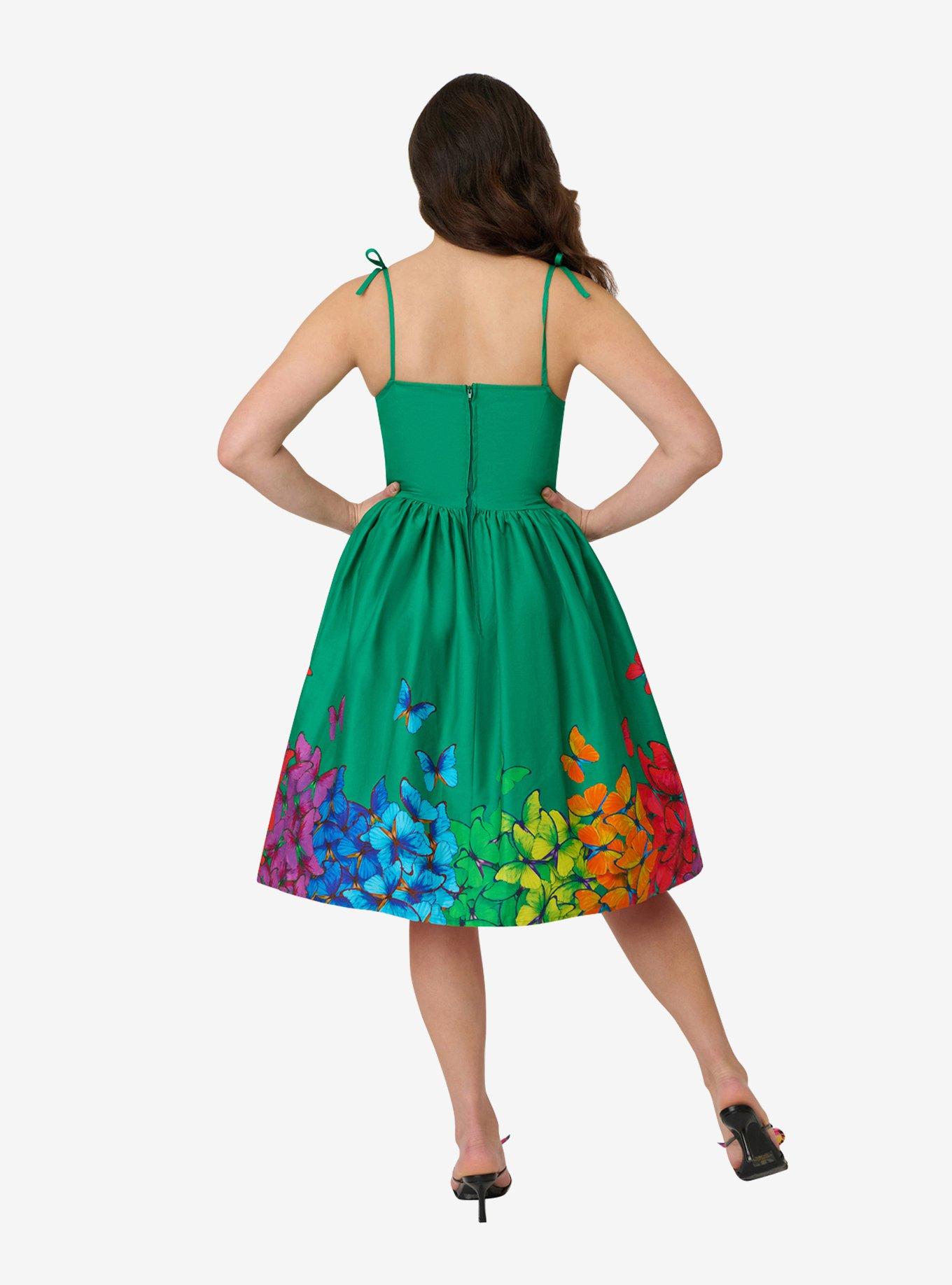 Unique Vintage Green & Rainbow Butterfly Cotton Bobbie Swing Dress, GREEN, alternate