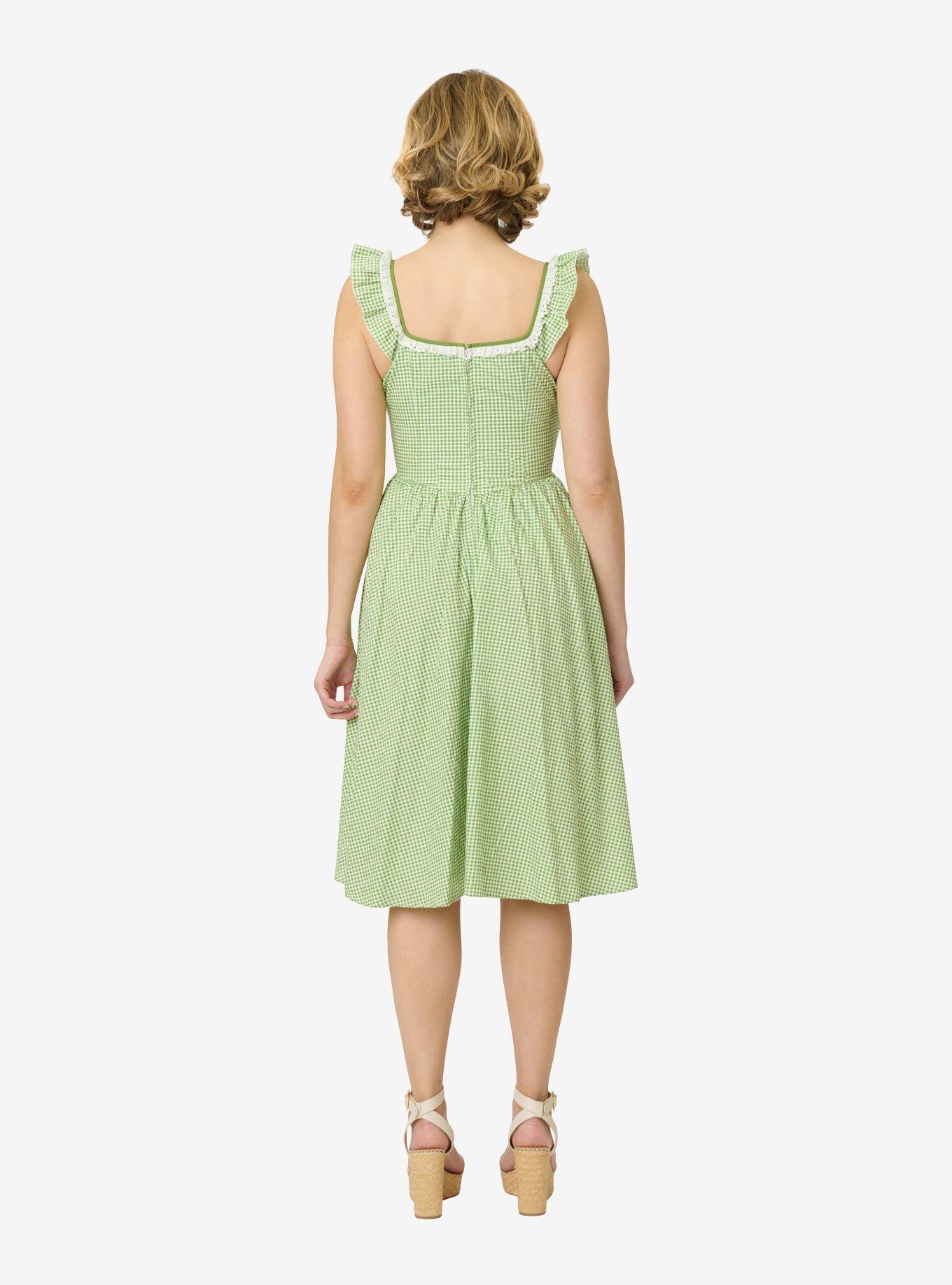 Unique Vintage Green Gingham Sweetheart Flutter Sleeve Swing Dress, , hi-res