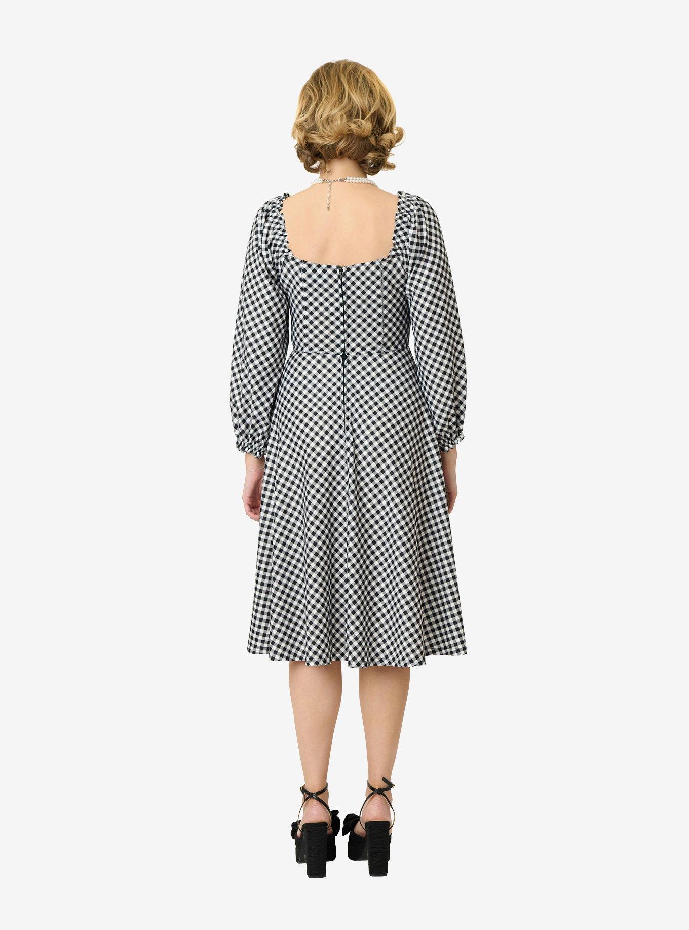 Unique Vintage Black & White Gingham Peasant Sleeve Swing Dress, , hi-res