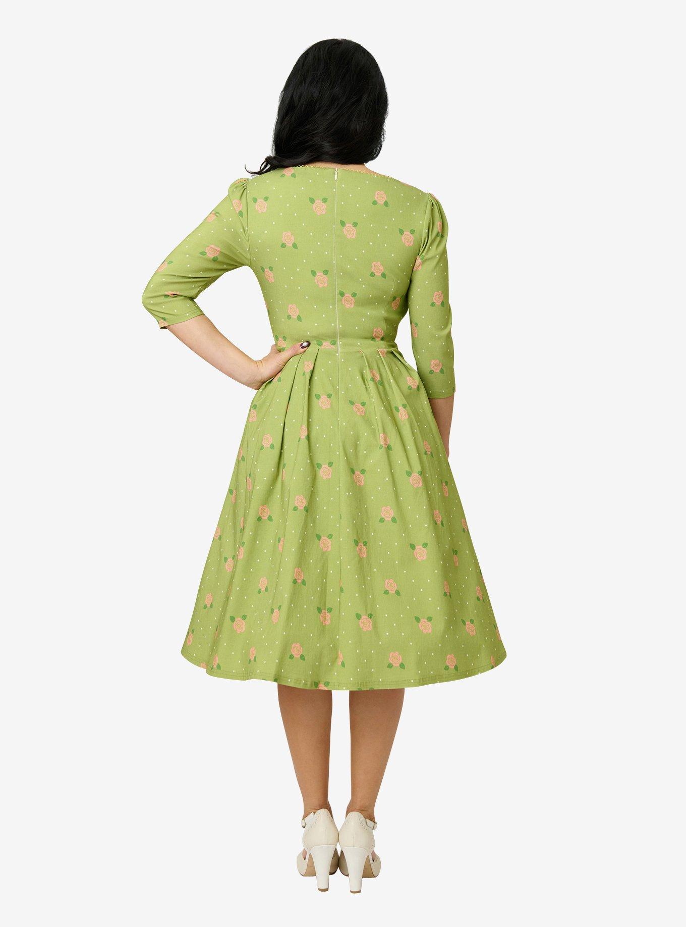 Unique Vintage Chartreuse & Pink Rose Sweetheart Swing Dress, , hi-res