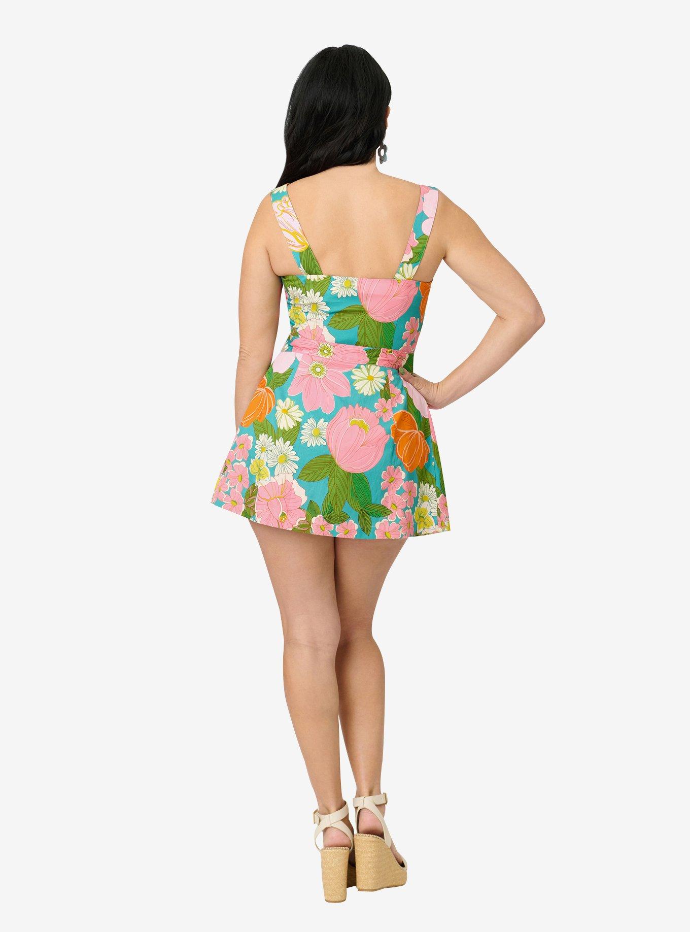 Smak Parlour Teal Floral Sweet & Sassy Skirted Cotton Romper, , hi-res