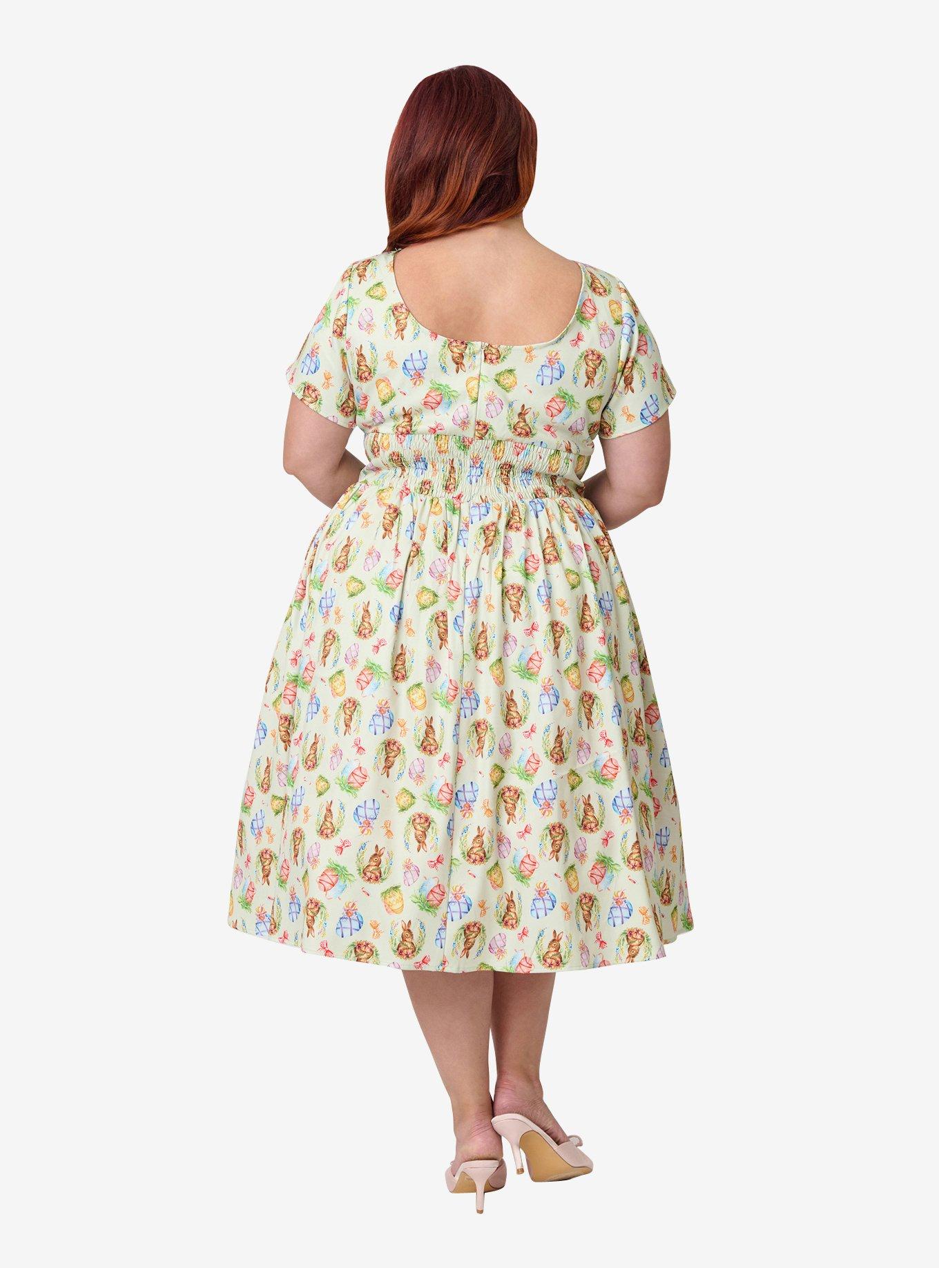 Unique Vintage Plus Size Green Easter Bunny Print Swing Dress, , hi-res