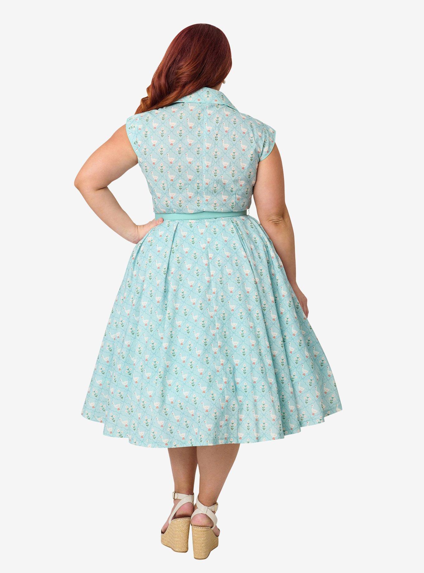 Unique Vintage Plus Size Blue & Goose Print Cotton Shirt Swing Dress, BLUE, alternate