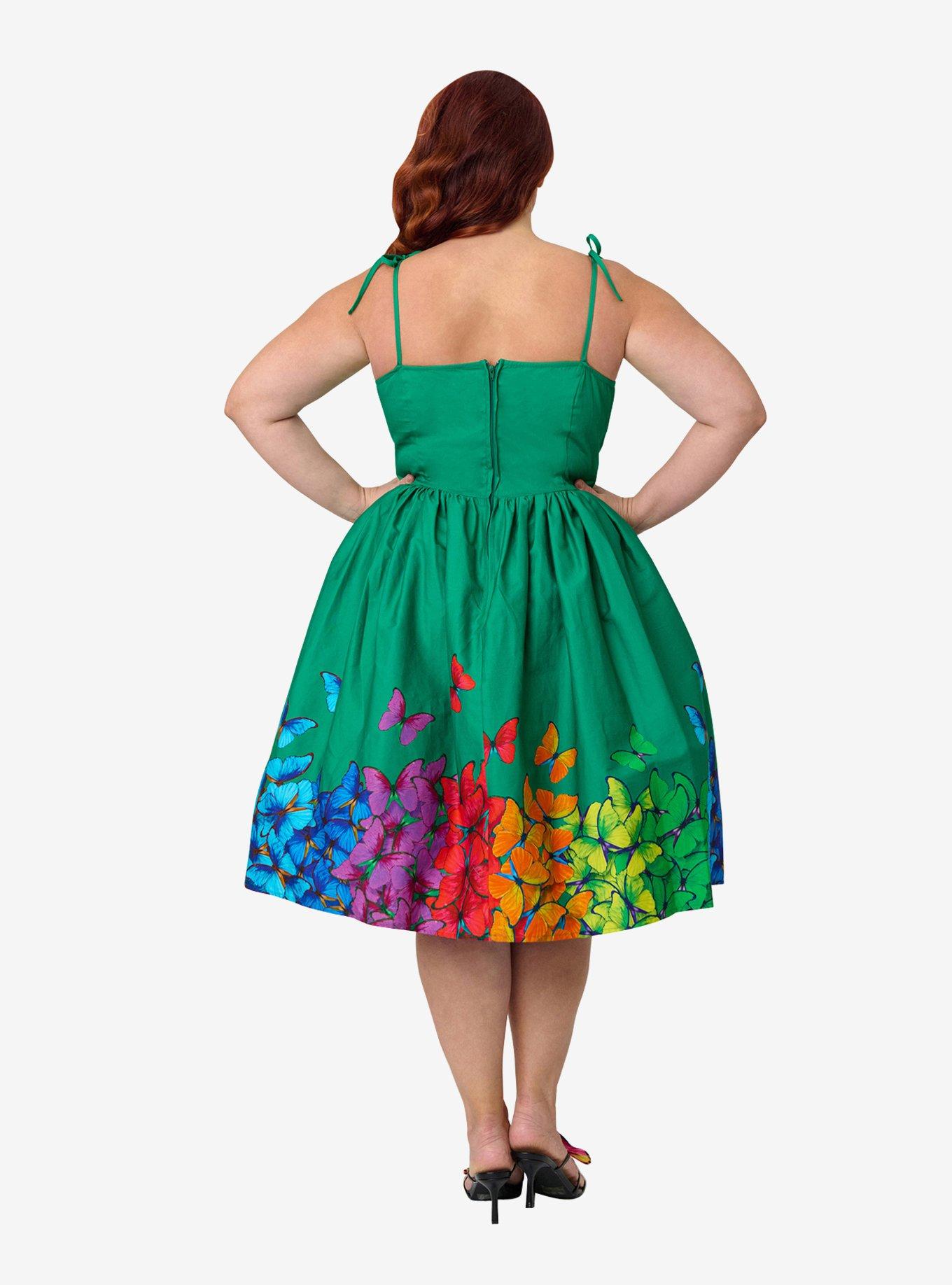 Unique Vintage Plus Size Green & Rainbow Butterfly Cotton Bobbie Swing Dress, , hi-res