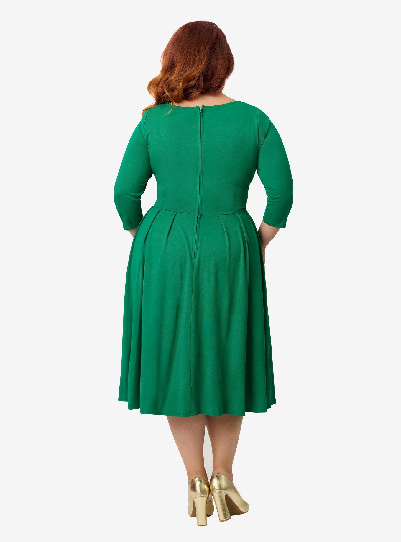 Unique Vintage Plus Size Green Bengaline Front Twist Swing Dress, , hi-res