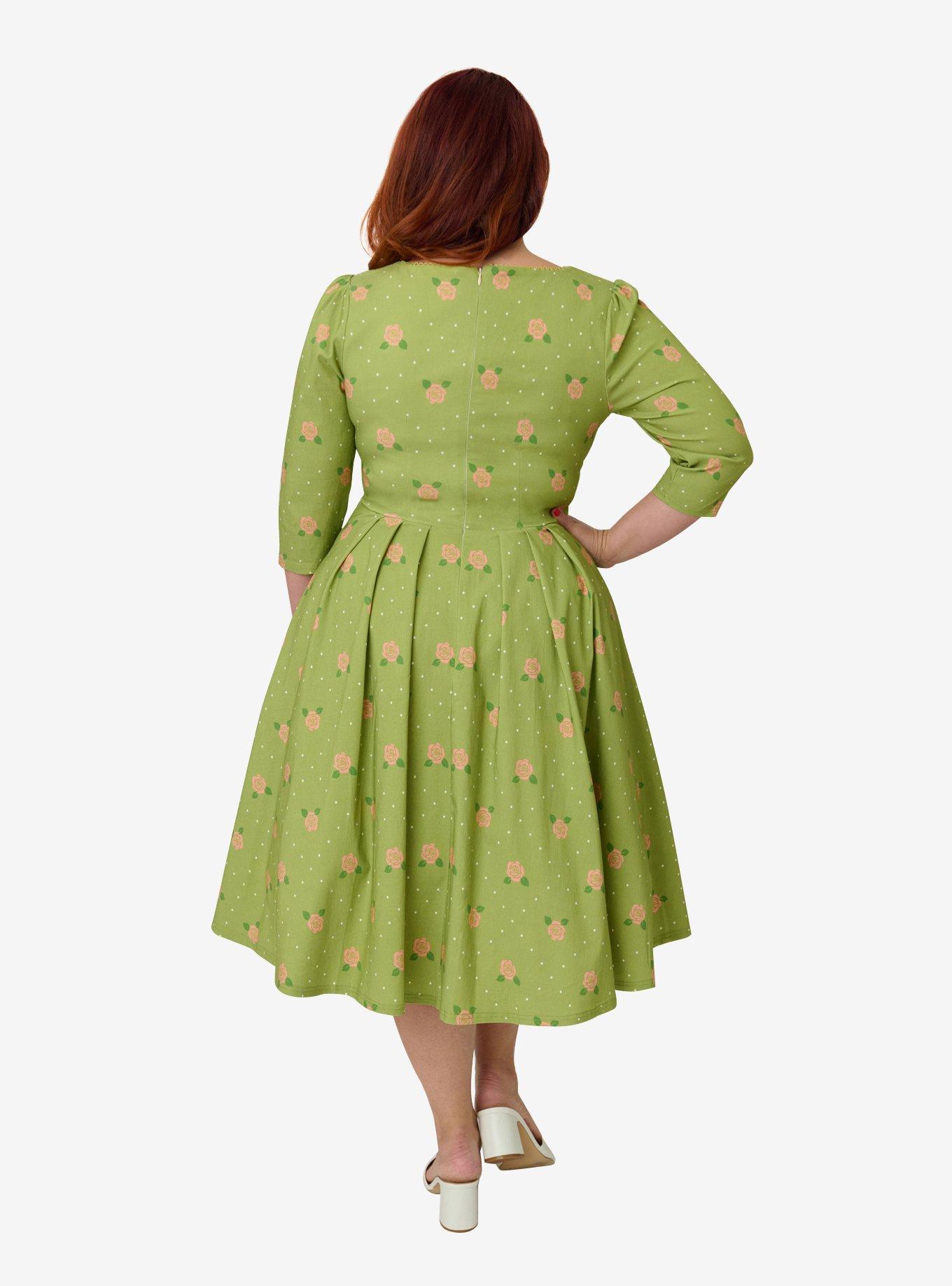 Unique Vintage Plus Size Chartreuse & Pink Rose Sweetheart Swing Dress, , hi-res