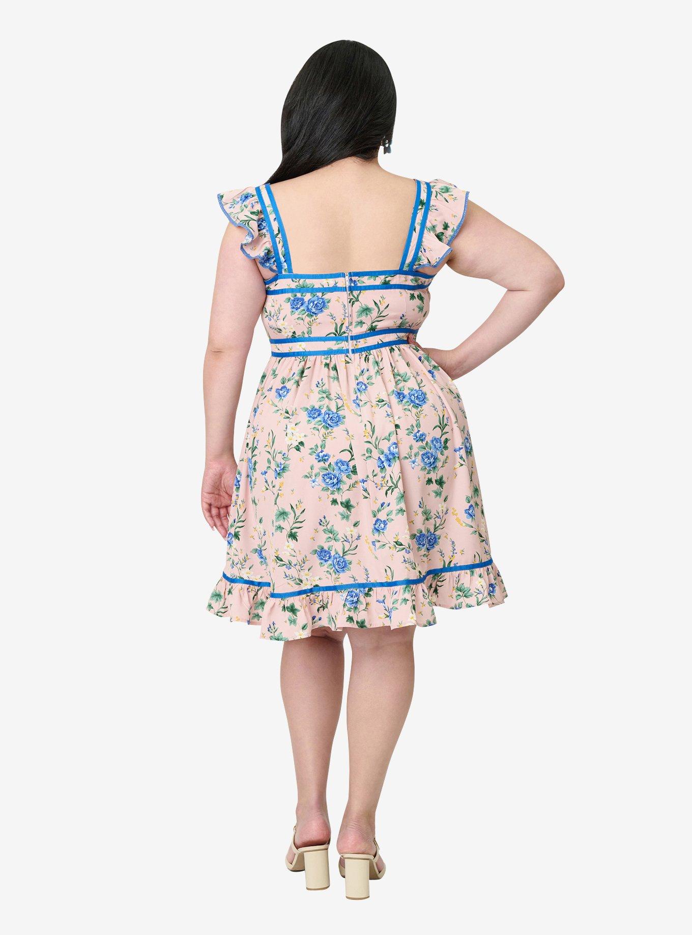 Smak Parlour Plus Light Pink & Blue Floral Corset Fit Flare Dress
