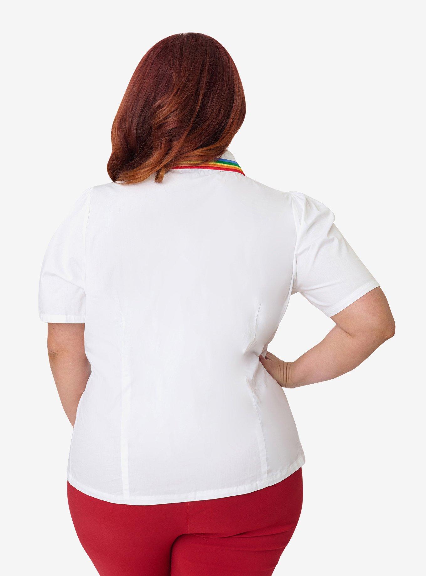 Unique Vintage Plus Size White Rainbow Embroidered Collar Blouse, IVORY, alternate