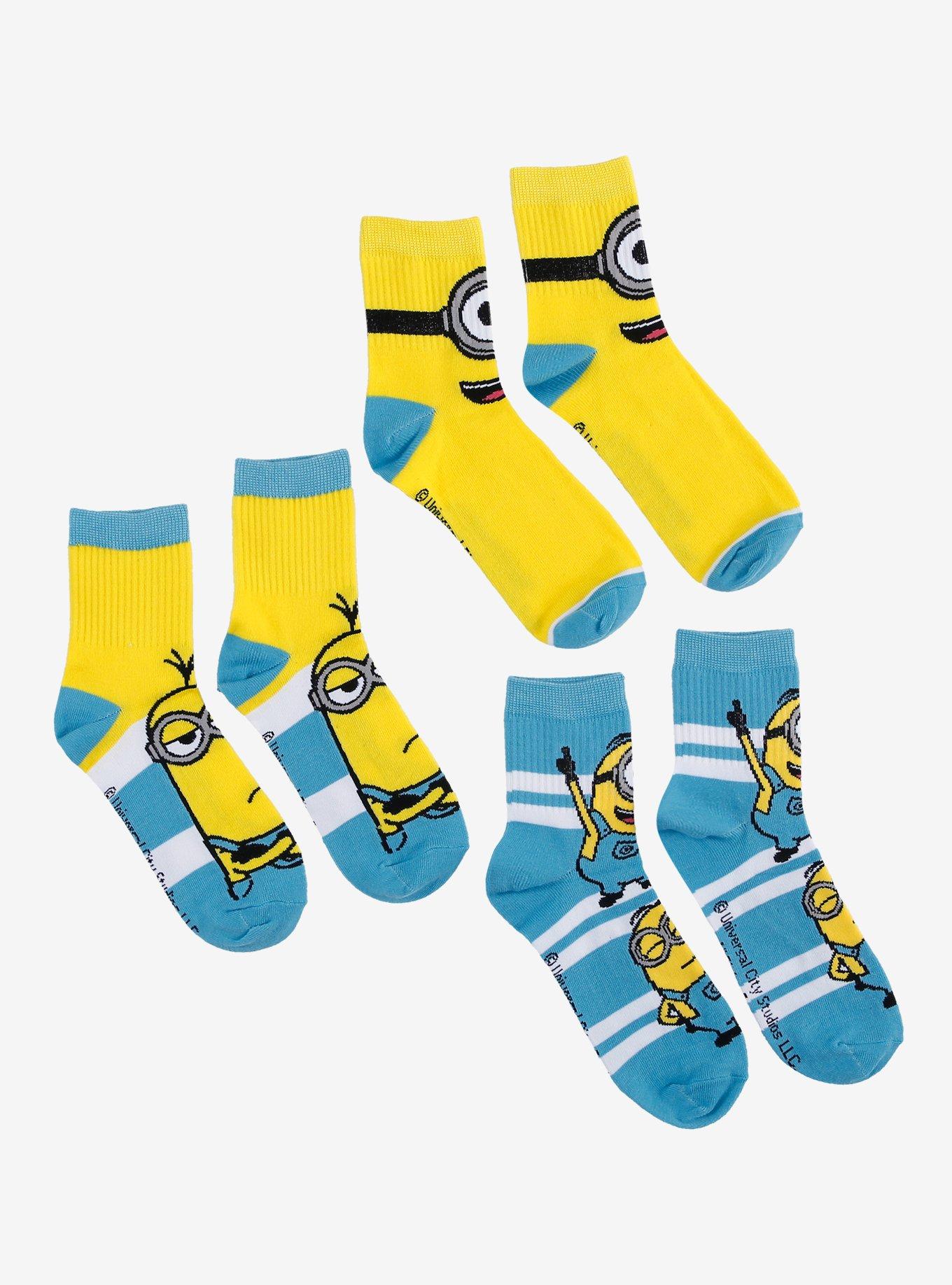 Minions Faces Stripe Crew Socks 3 Pair, , hi-res
