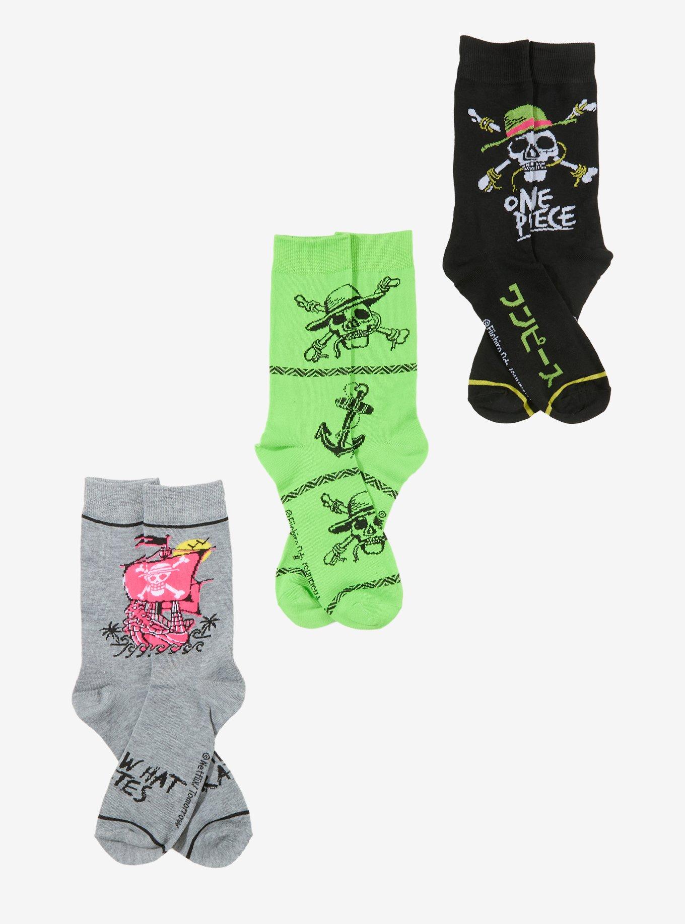 One Piece Straw Hat Neon Green Crew Socks 3 Pair, , hi-res