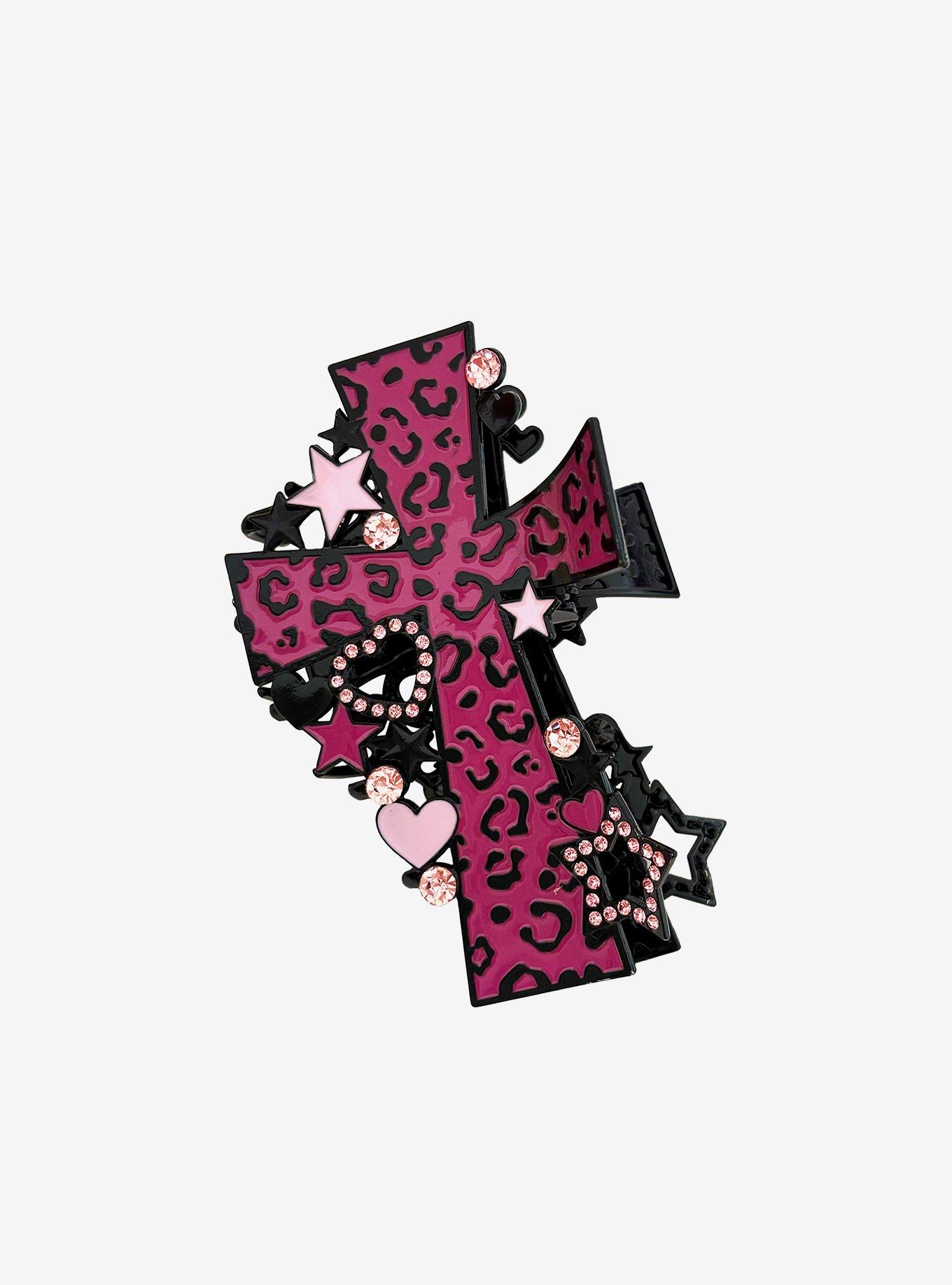 Leopard Cross Rhinestone Claw Hair Clip, , hi-res