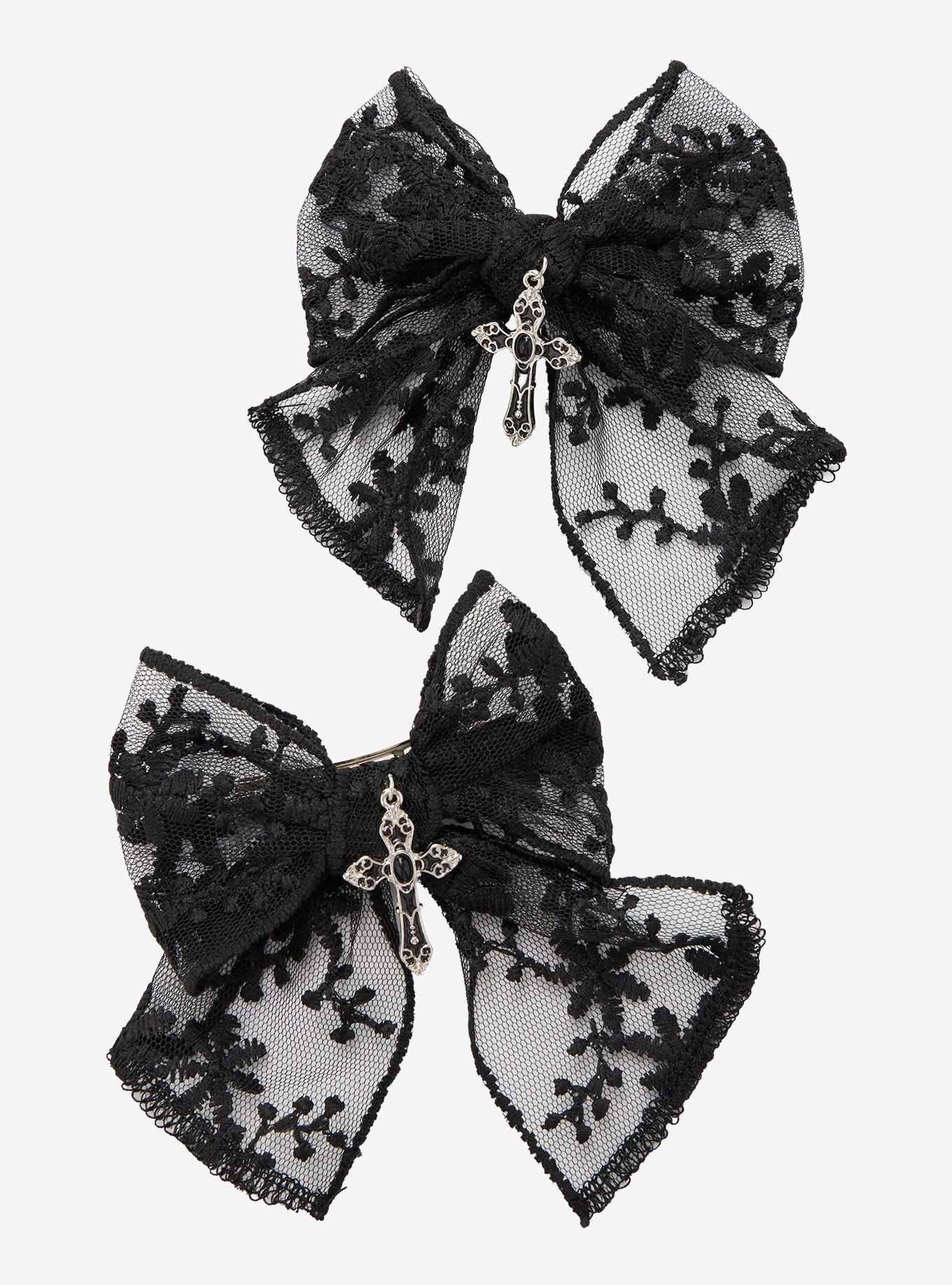 Cosmic Aura Gothic Cross Black Lace Hair Bow Set, , hi-res