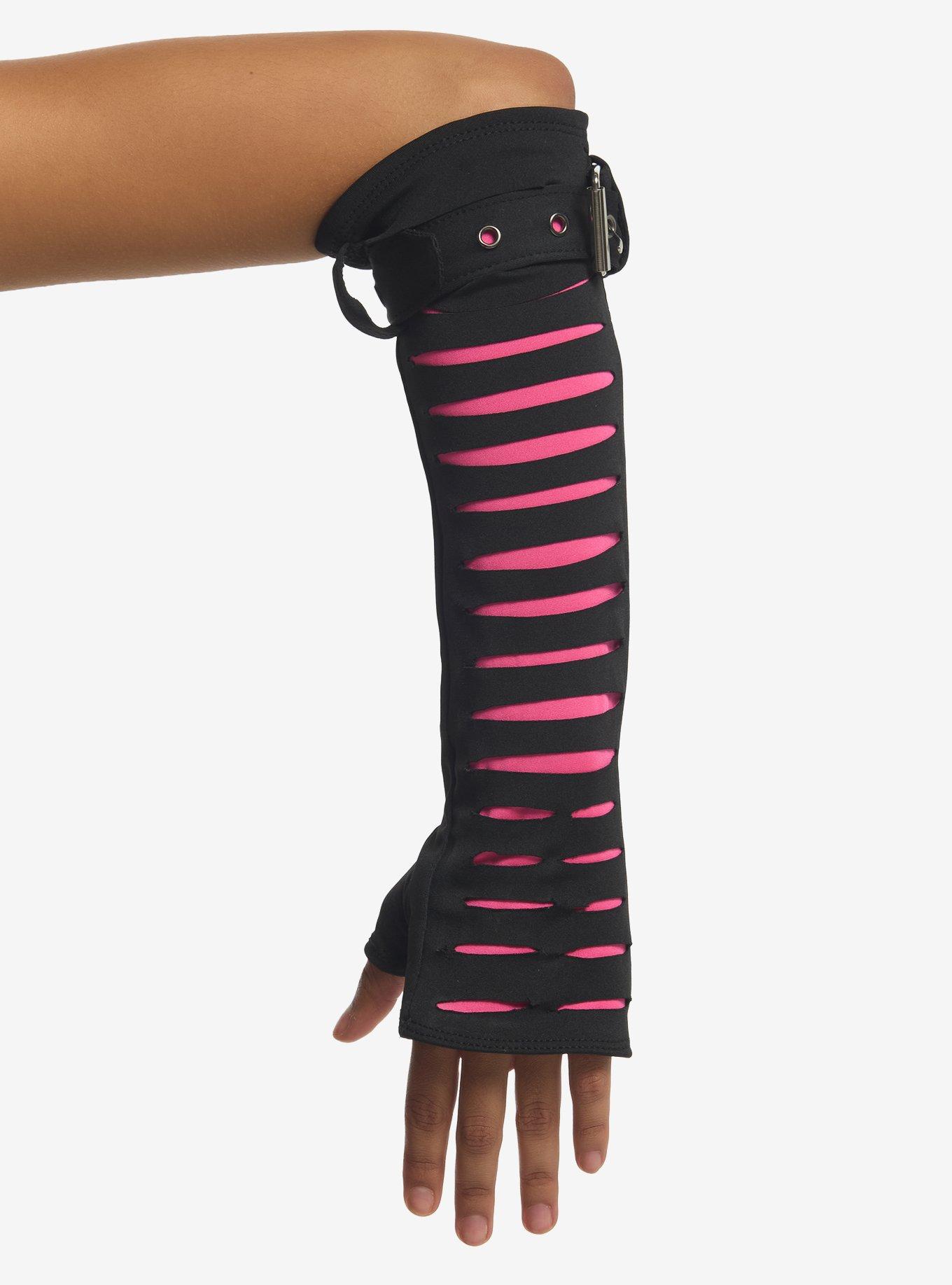 Black & Pink Distressed Arm Warmers, , alternate - view 2