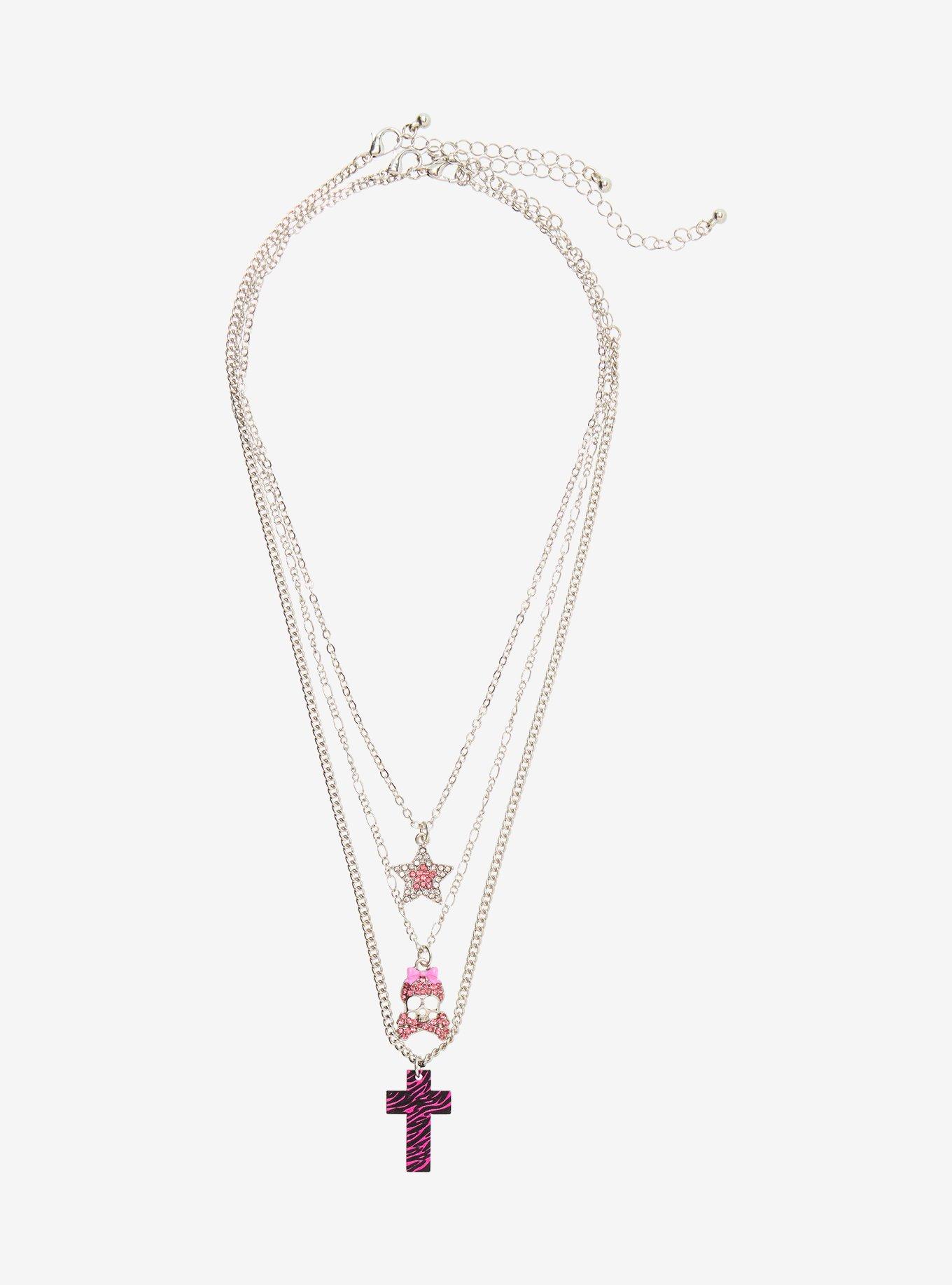 Black & Pink Zebra Cross Skull Necklace Set, , hi-res