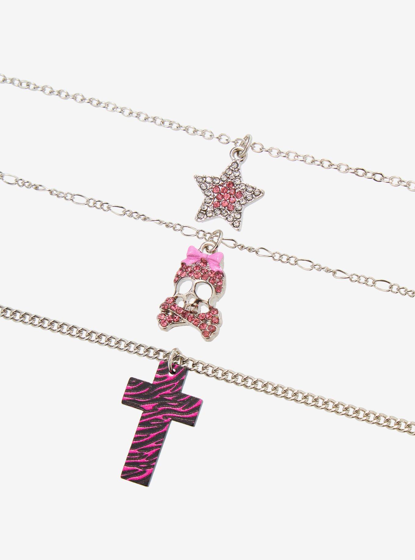 Black & Pink Zebra Cross Skull Necklace Set, , alternate - view 3