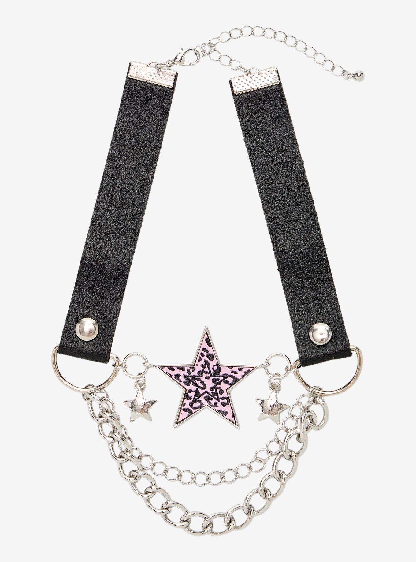 Leopard Star Chain Faux Leather Choker, , hi-res
