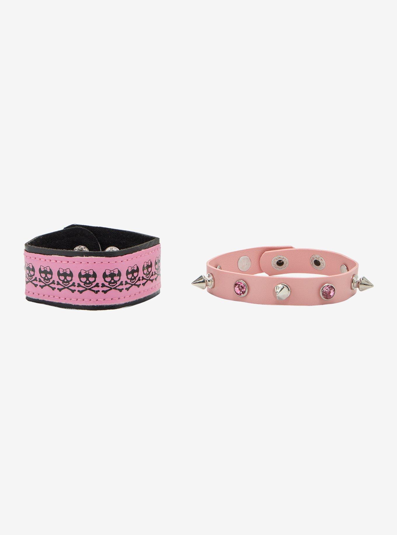 Pink Skull & Crossbones Faux Leather bracelet Set, , hi-res