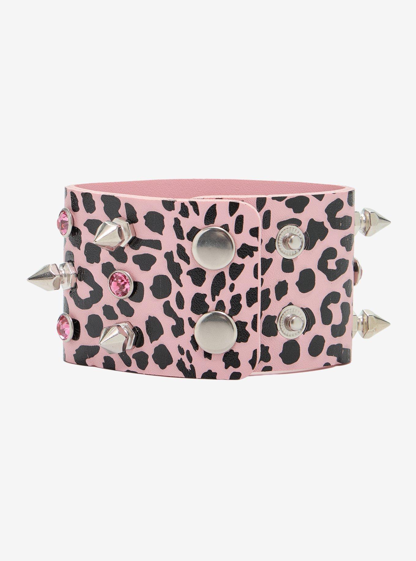 Pink Leopard Stud Gem Spike Cuff Bracelet, , alternate - view 3
