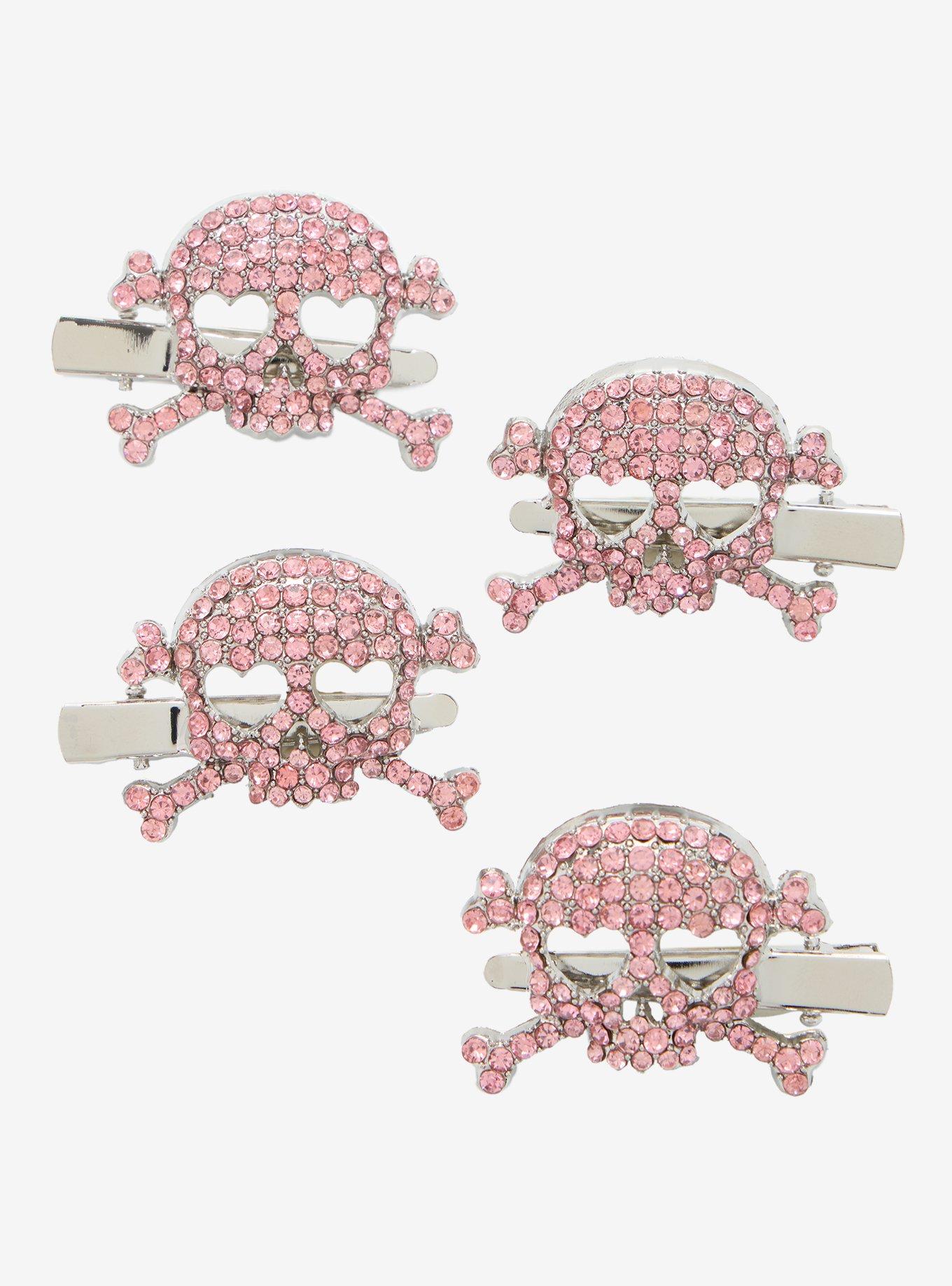 Social Collision Pink Skull & Crossbones Rhinestone Hair Clip Set, , hi-res