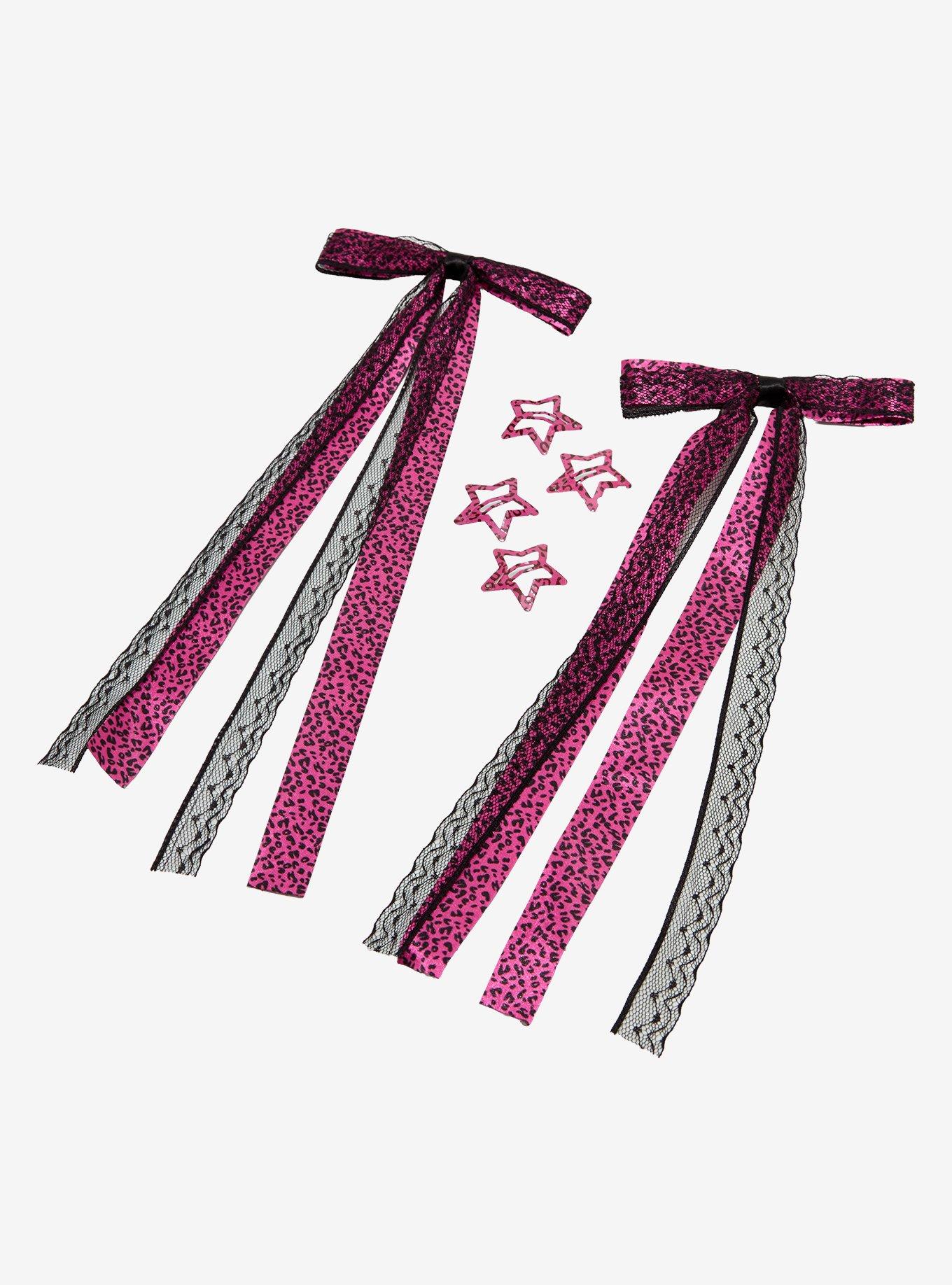Pink Leopard Star Bow Hair Clip Set, , hi-res