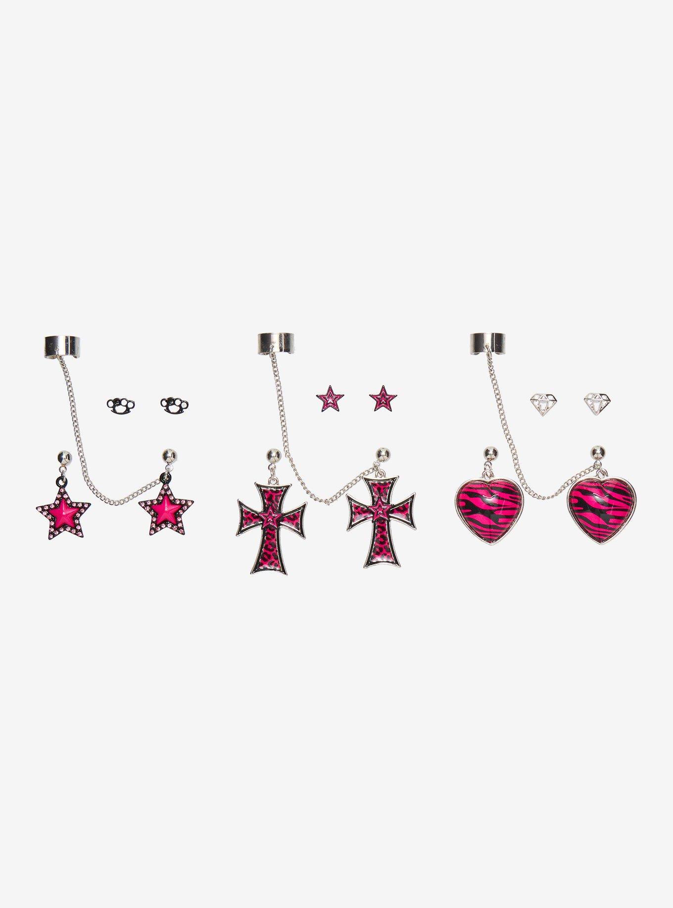 Pink Leopard Star Cross Cuff Earring Set, , hi-res