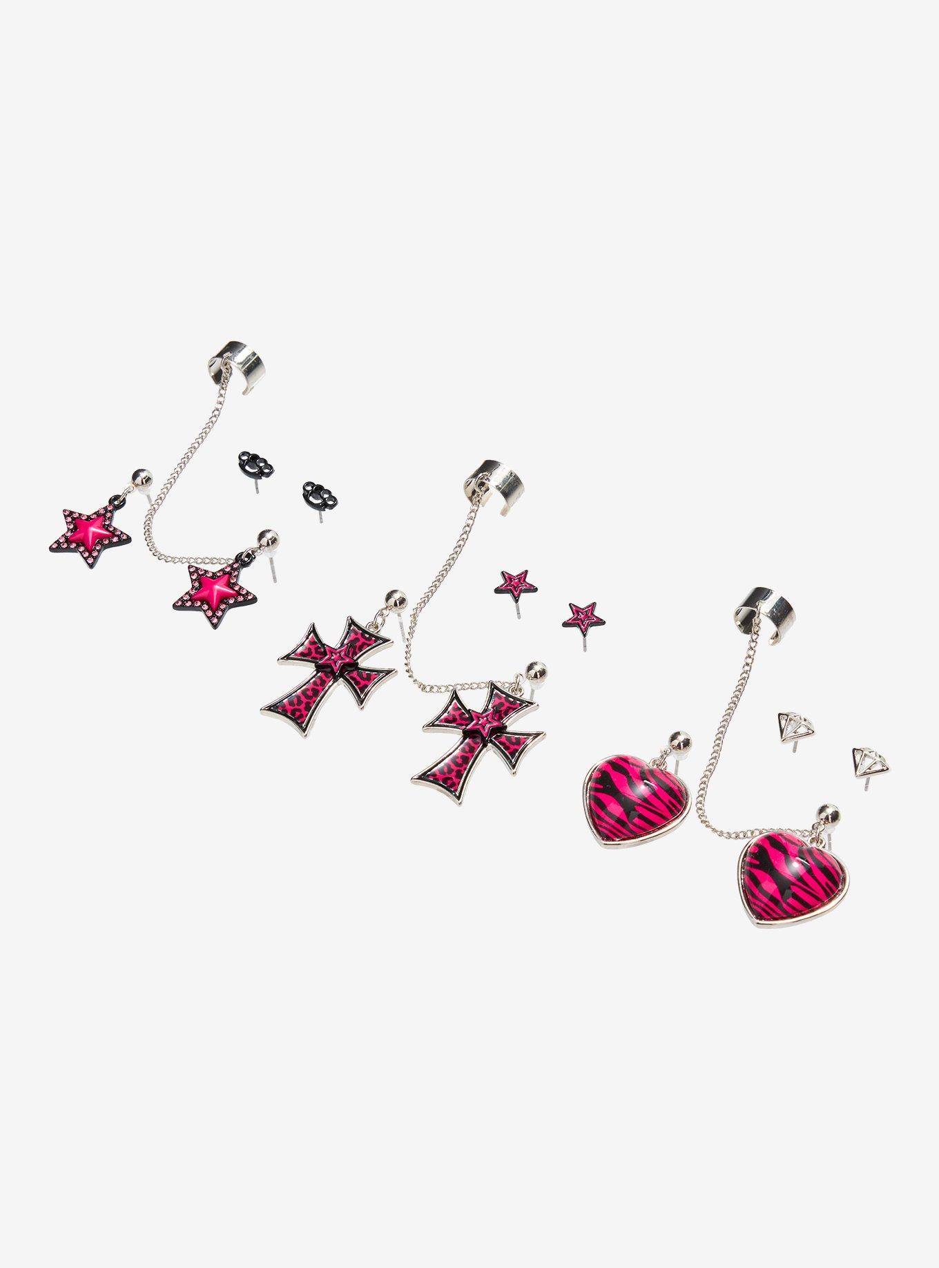 Pink Leopard Star Cross Cuff Earring Set, , alternate - view 3