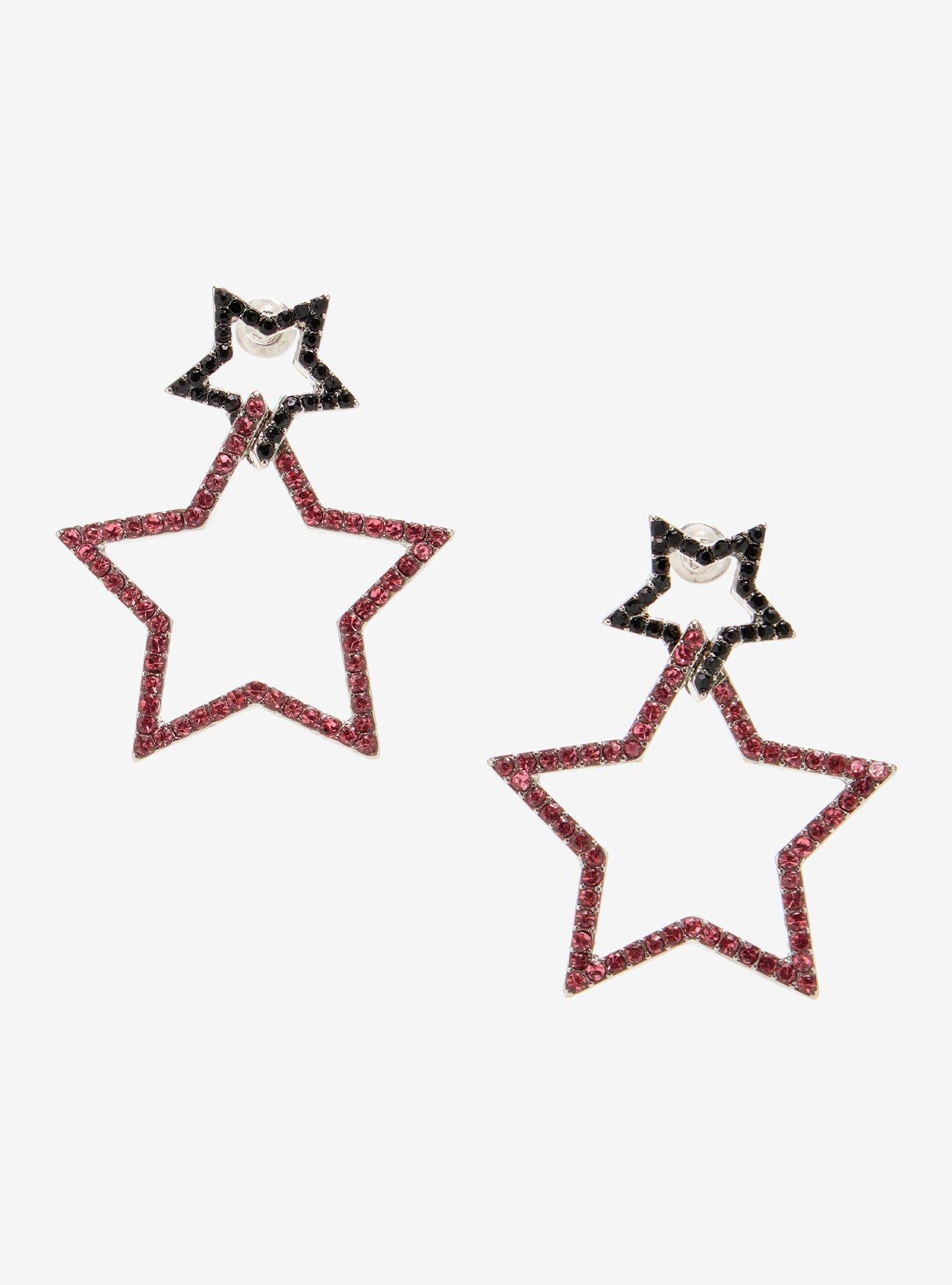 Black & Pink Rhinestone Star Earrings, , hi-res