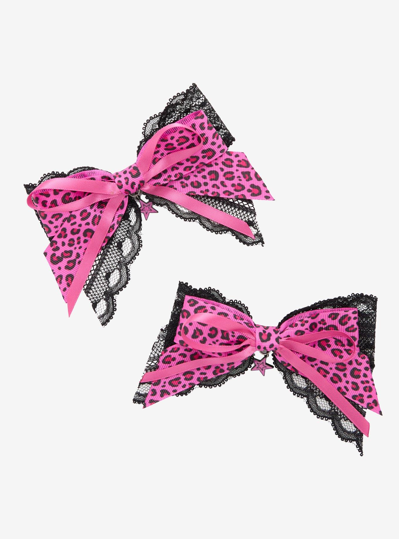 Pink Leopard Star Bow Hair Clip Set, , hi-res