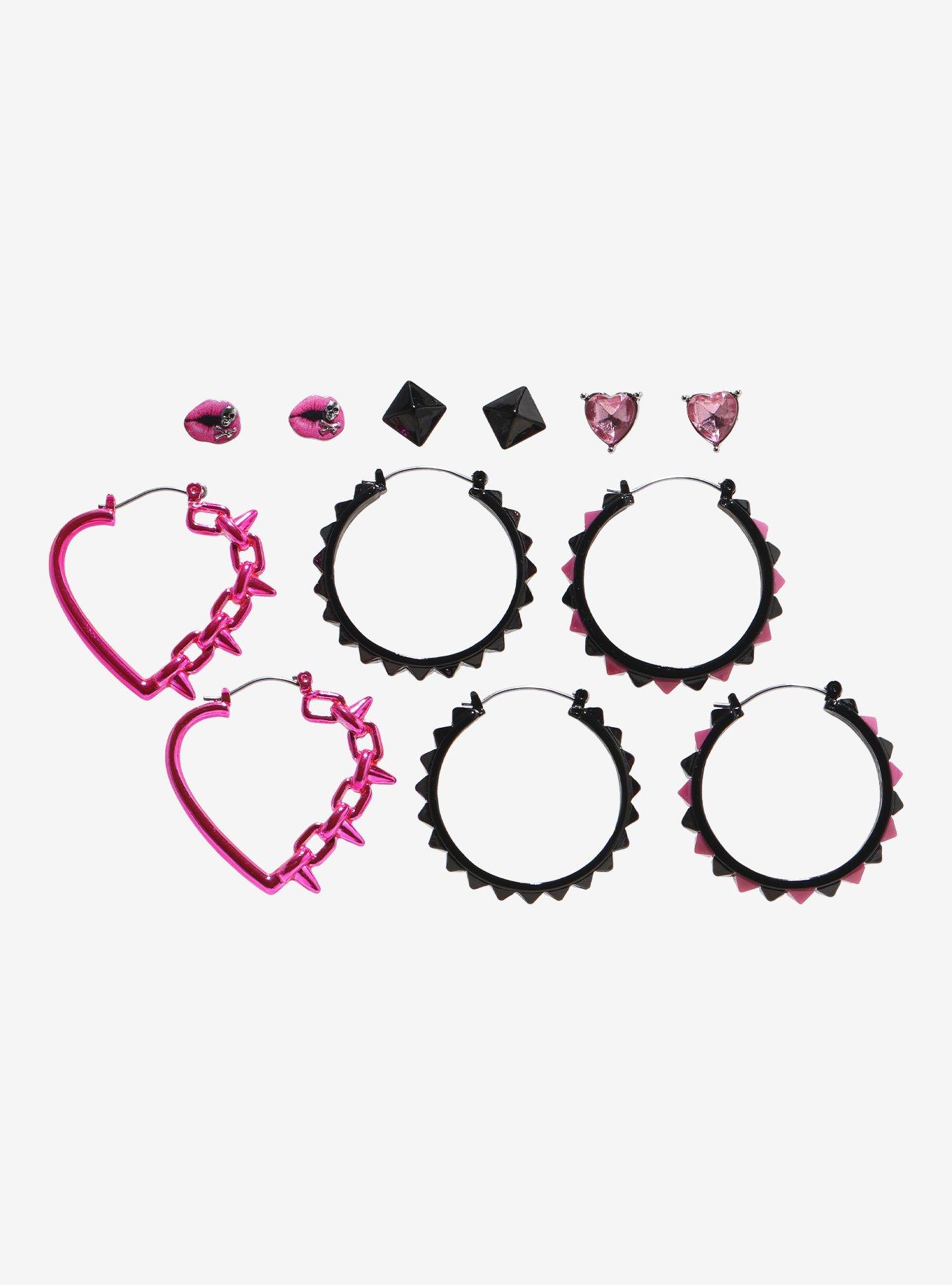 Pink & Black Heart Stud Spike Earring Set, , hi-res