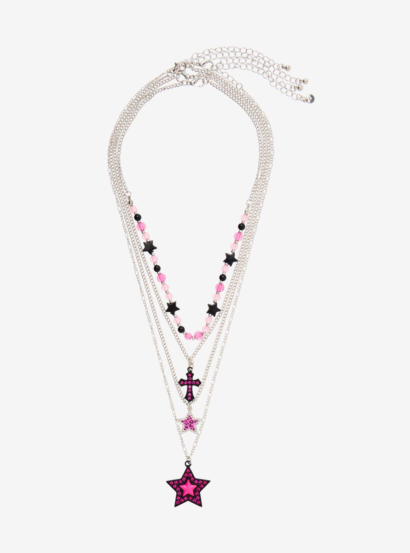Pink & Black Star Cross Necklace Set, , hi-res