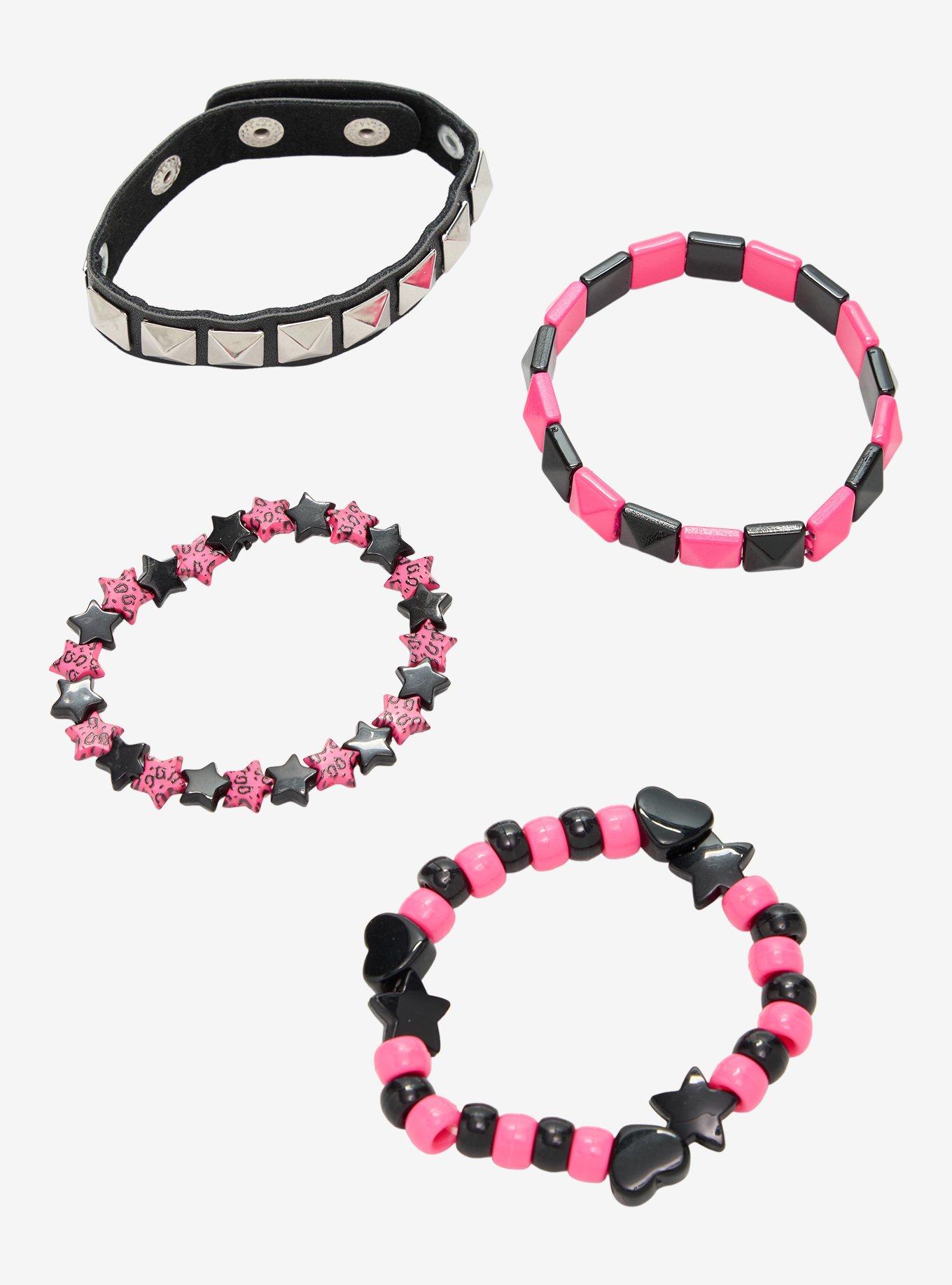 Pink & Black Pyramid Stud Bracelet Set, , hi-res