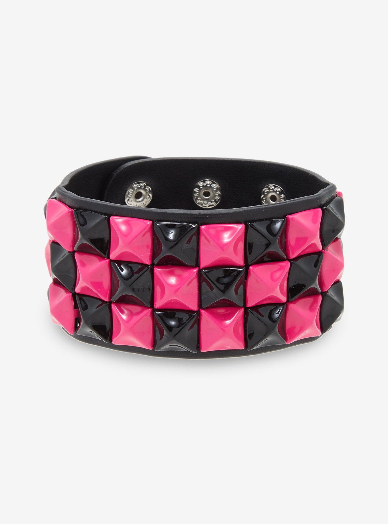 Pink & Black Pyramid Stud Cuff Bracelet, , hi-res
