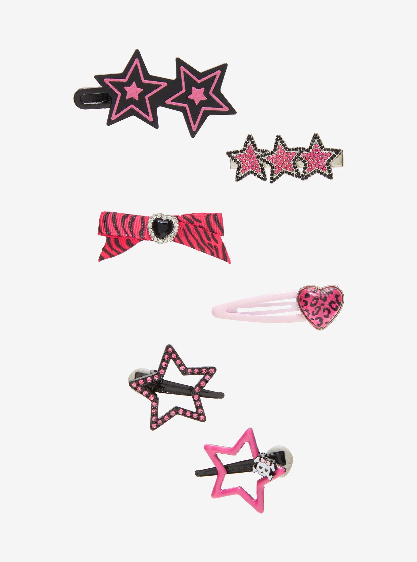 Black & Pink Star Heart Hair Clip Set, , hi-res
