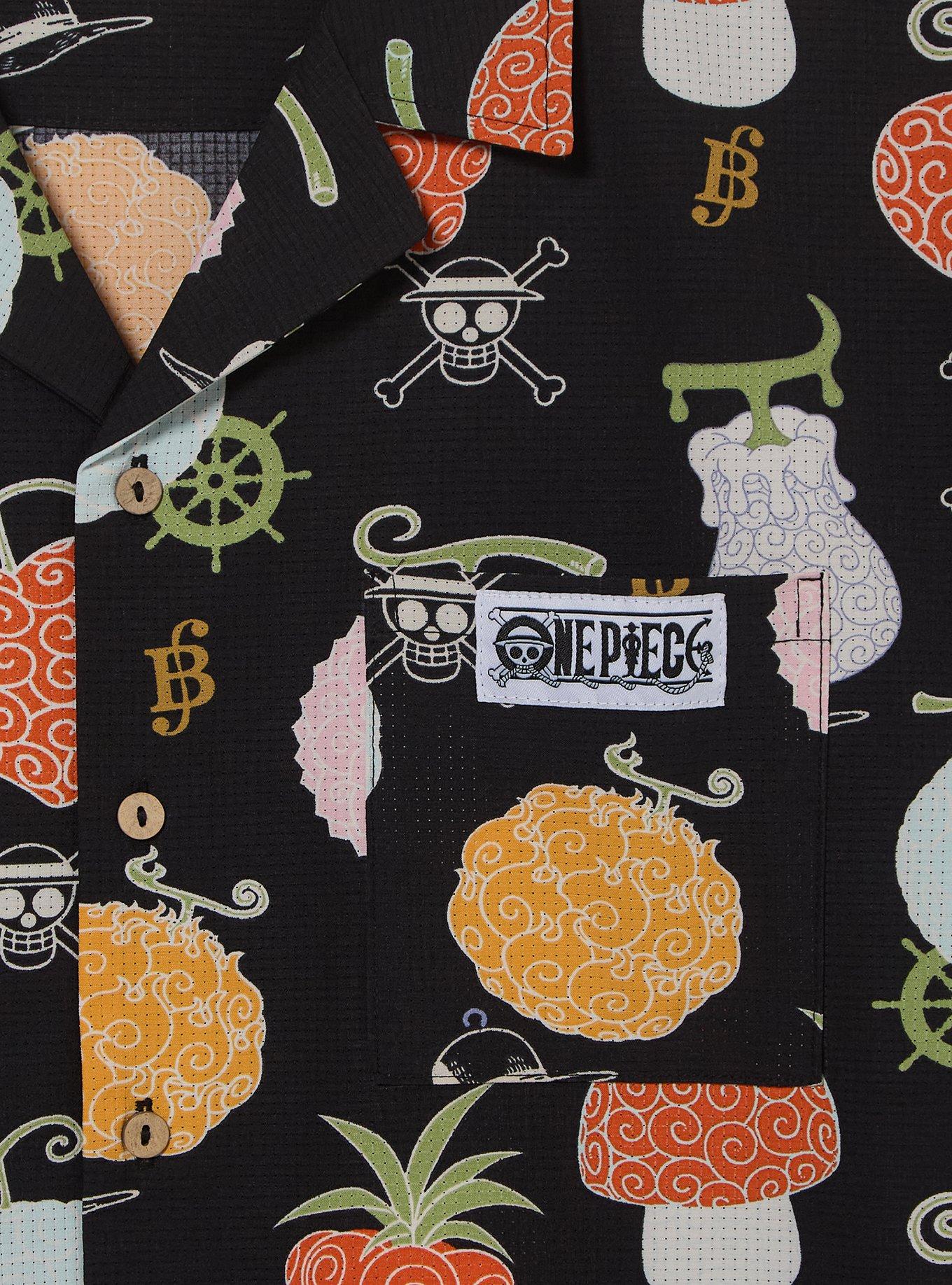 One Piece Devil Fruits Allover Print Woven Button-Up - BoxLunch Exclusive, BLACK, alternate - view 3