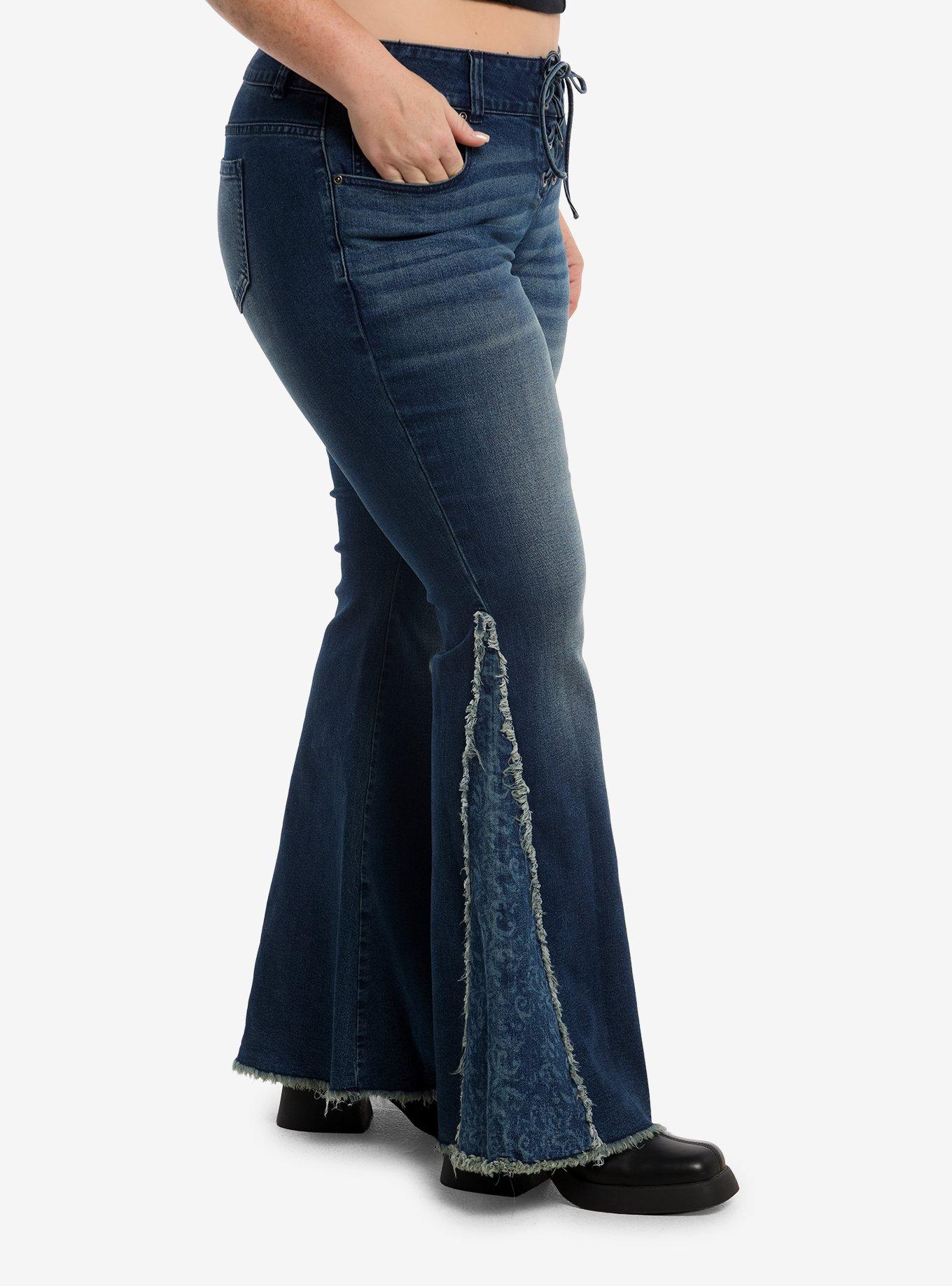 Cosmic Aura Blue Floral Lace-Up Flared Jeans Plus Size, MULTI, alternate - view 3