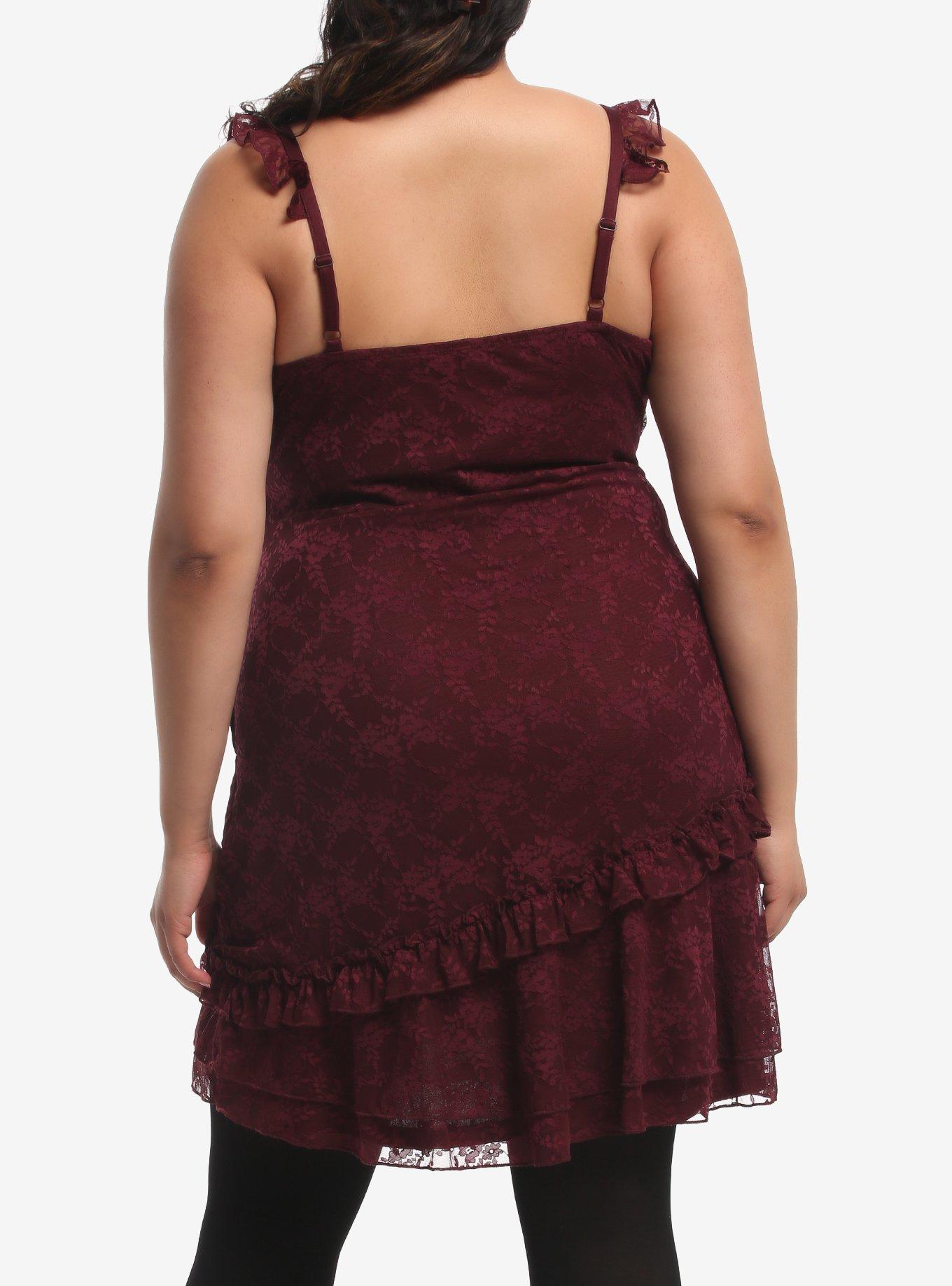 Burgundy Lace Ruffle Mini Dress Plus Size, MULTI, alternate - view 3