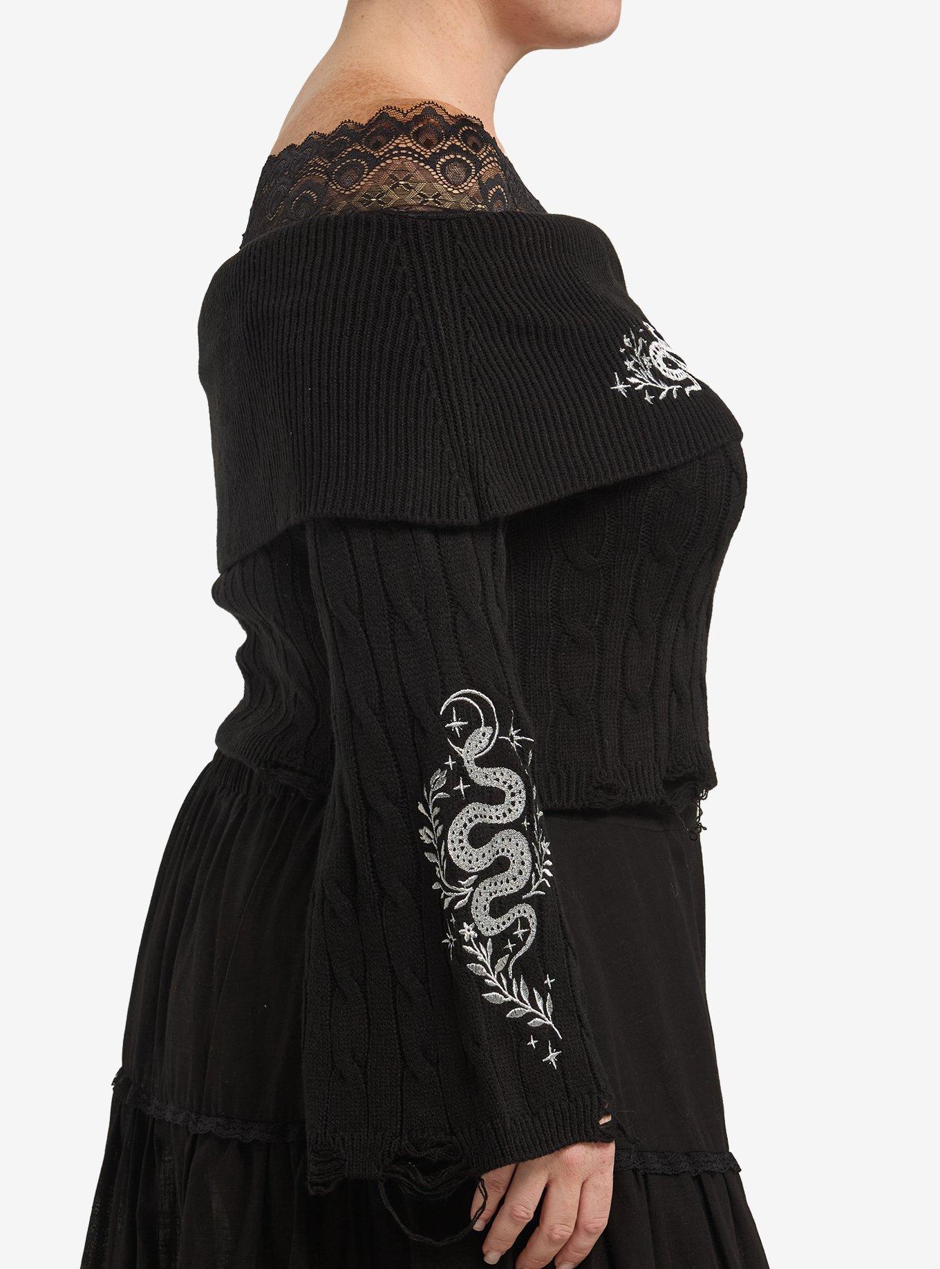 Cosmic Aura Silver Snake Embroidered Lace Girls Off-Shoulder Sweater Plus Size, MULTI, alternate - view 4