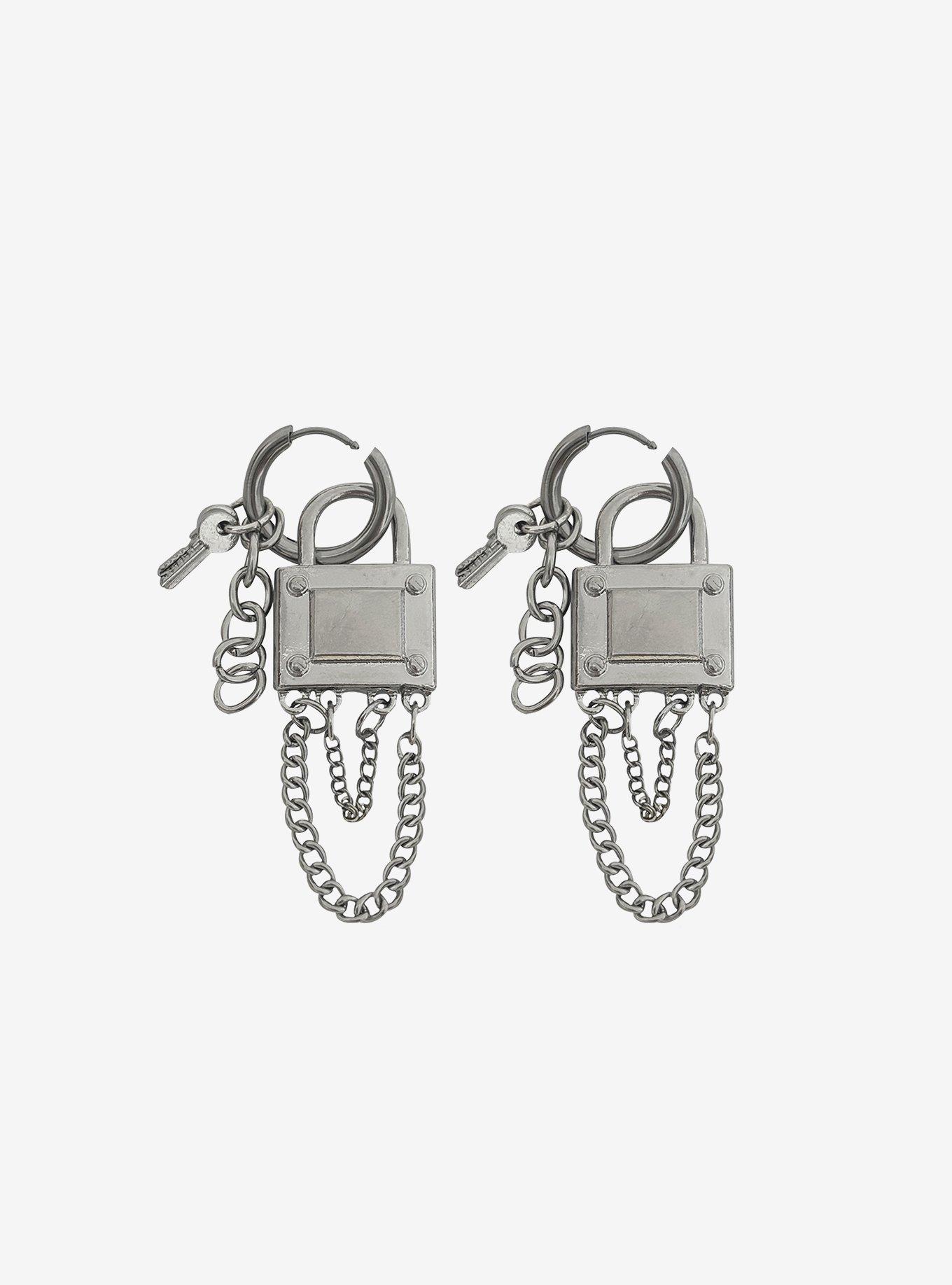 Social Collision Padlock & Key Huggie Hoop Earrings, , hi-res